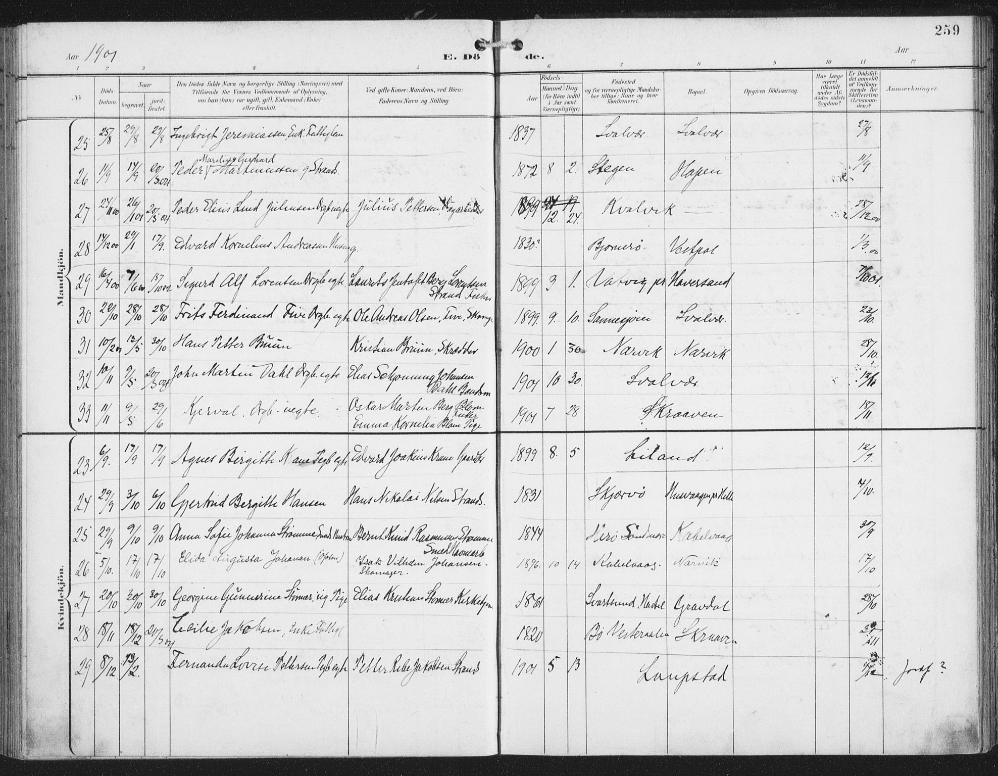 Ministerialprotokoller, klokkerbøker og fødselsregistre - Nordland, AV/SAT-A-1459/874/L1062: Ministerialbok nr. 874A06, 1899-1907, s. 259