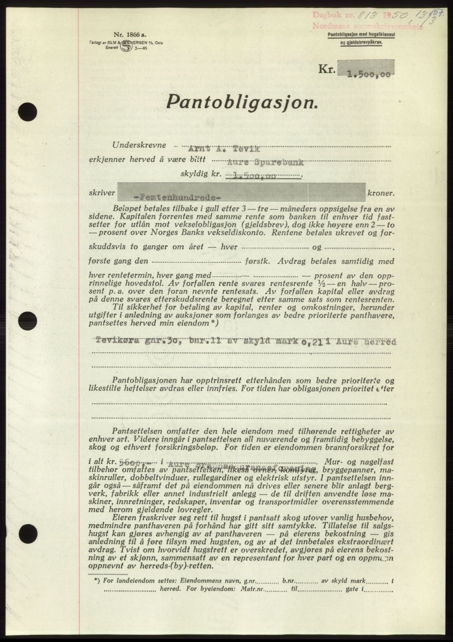Nordmøre sorenskriveri, SAT/A-4132/1/2/2Ca: Pantebok nr. B104, 1950-1950, Dagboknr: 813/1950