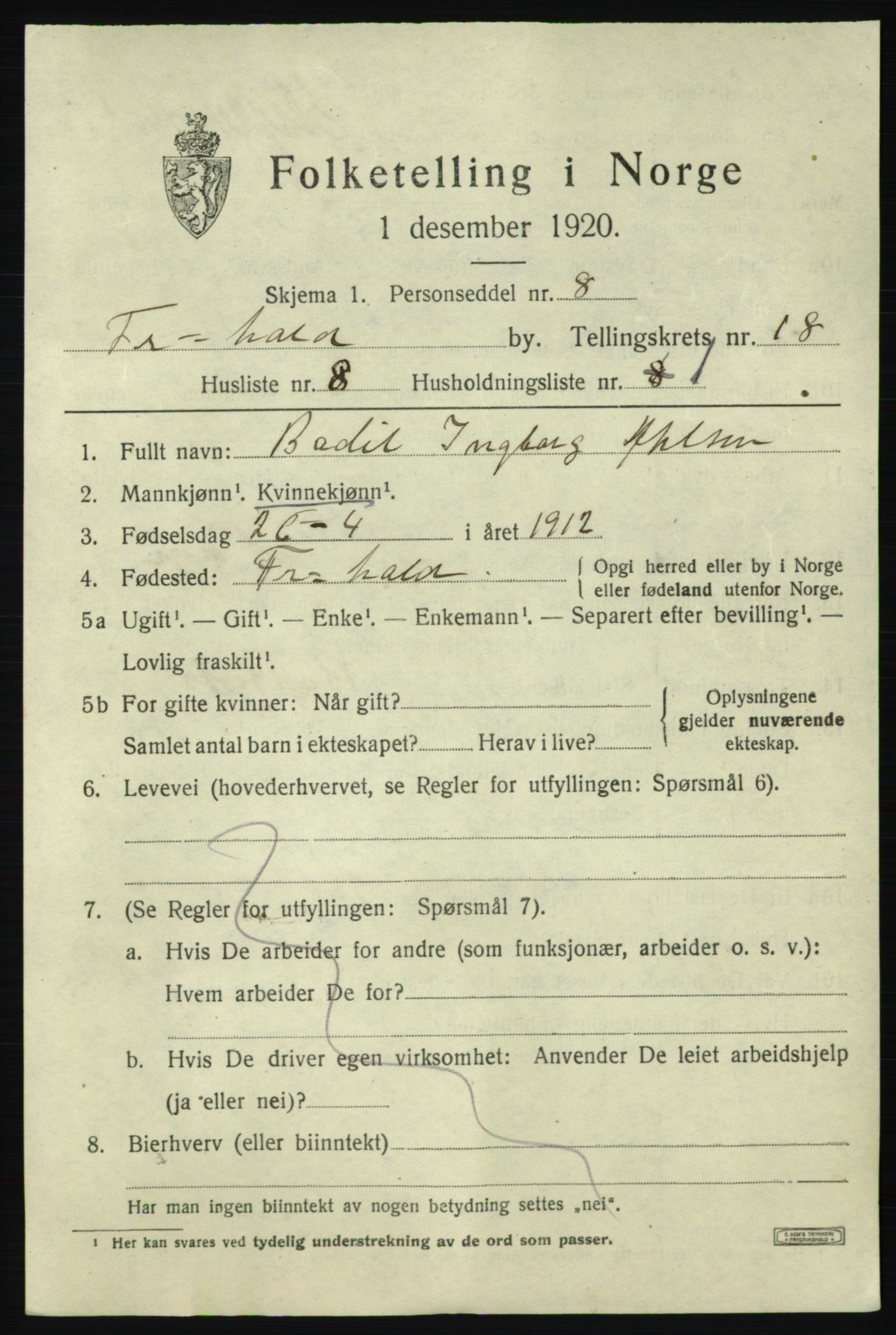 SAO, Folketelling 1920 for 0101 Fredrikshald kjøpstad, 1920, s. 27237