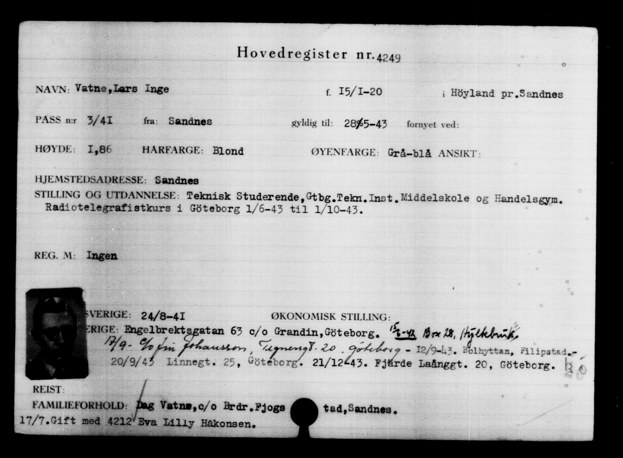 Utenriksstasjonene, Legasjonen i Stockholm, Flyktningkontoret, AV/RA-S-6753/V/Va/L0004: Kjesäterkartoteket, flyktninger med registreringsnr. 3496-6610, 1940-1945, s. 912