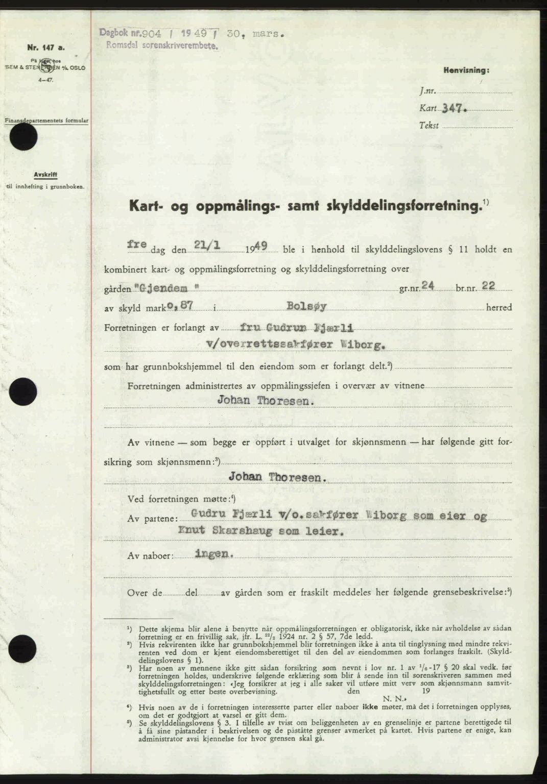 Romsdal sorenskriveri, SAT/A-4149/1/2/2C: Pantebok nr. A29, 1949-1949, Dagboknr: 904/1949