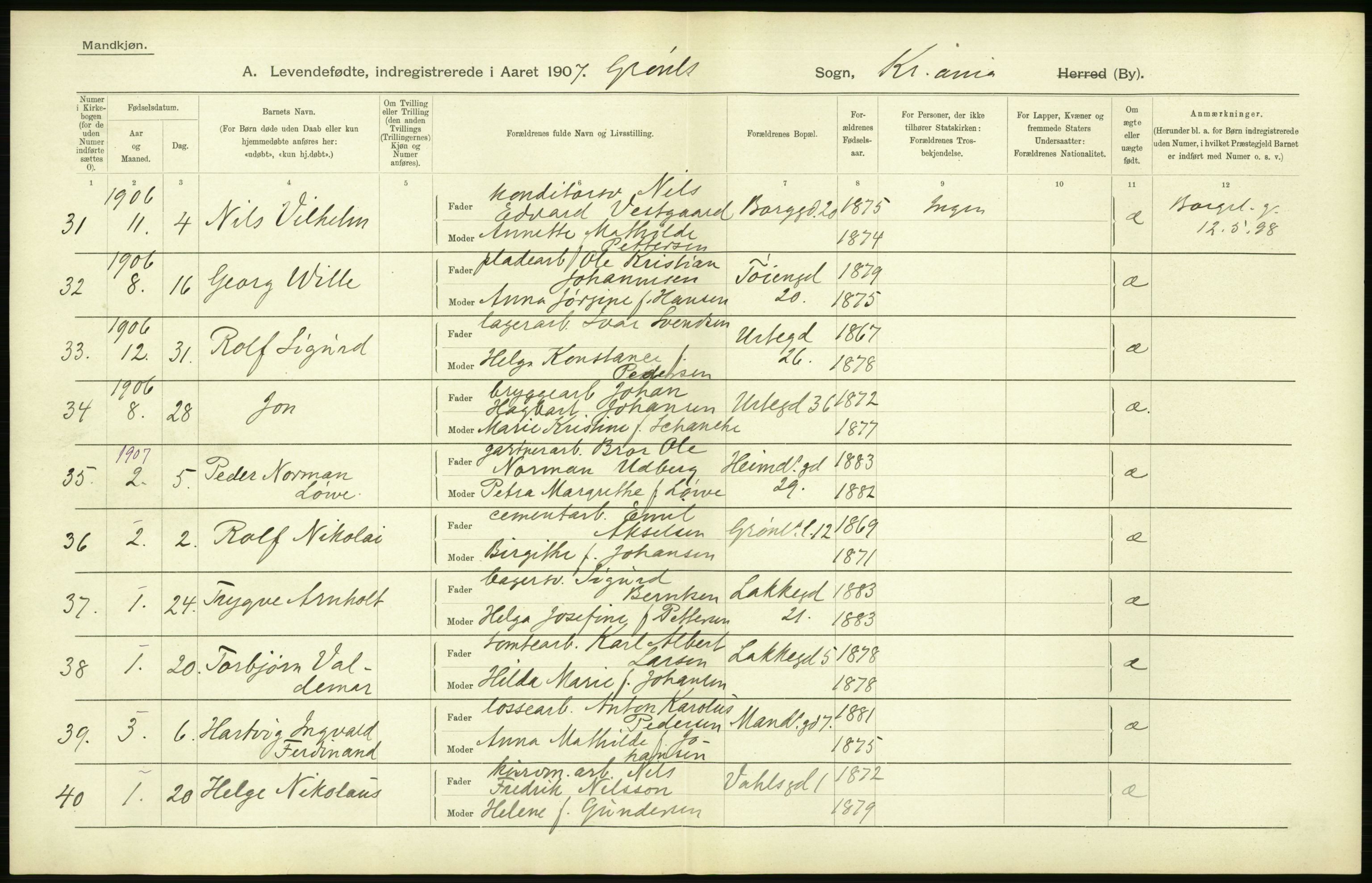 Statistisk sentralbyrå, Sosiodemografiske emner, Befolkning, AV/RA-S-2228/D/Df/Dfa/Dfae/L0007: Kristiania: Levendefødte menn og kvinner., 1907, s. 316