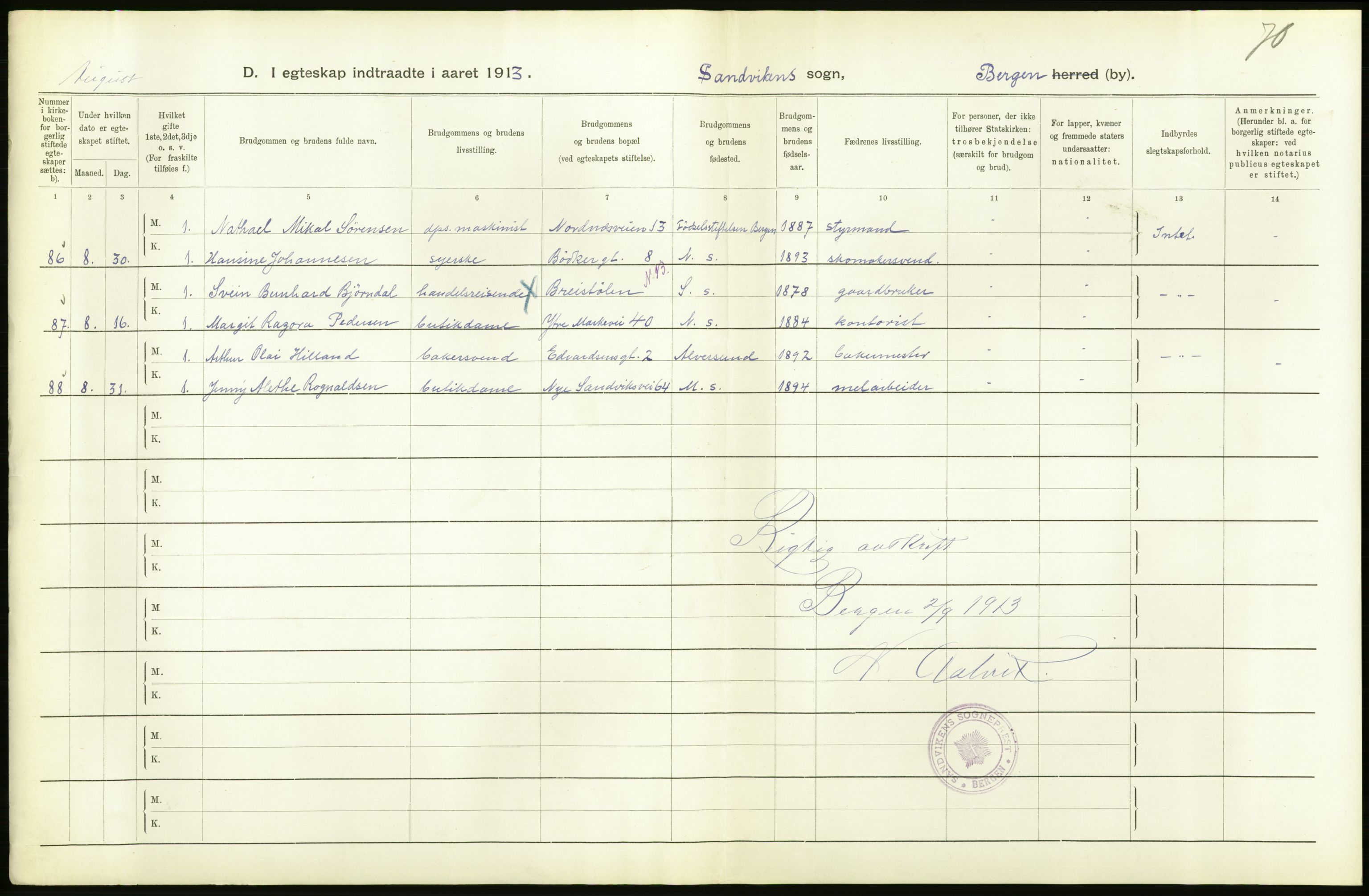Statistisk sentralbyrå, Sosiodemografiske emner, Befolkning, AV/RA-S-2228/D/Df/Dfb/Dfbc/L0031: Bergen: Gifte, døde, dødfødte., 1913, s. 28