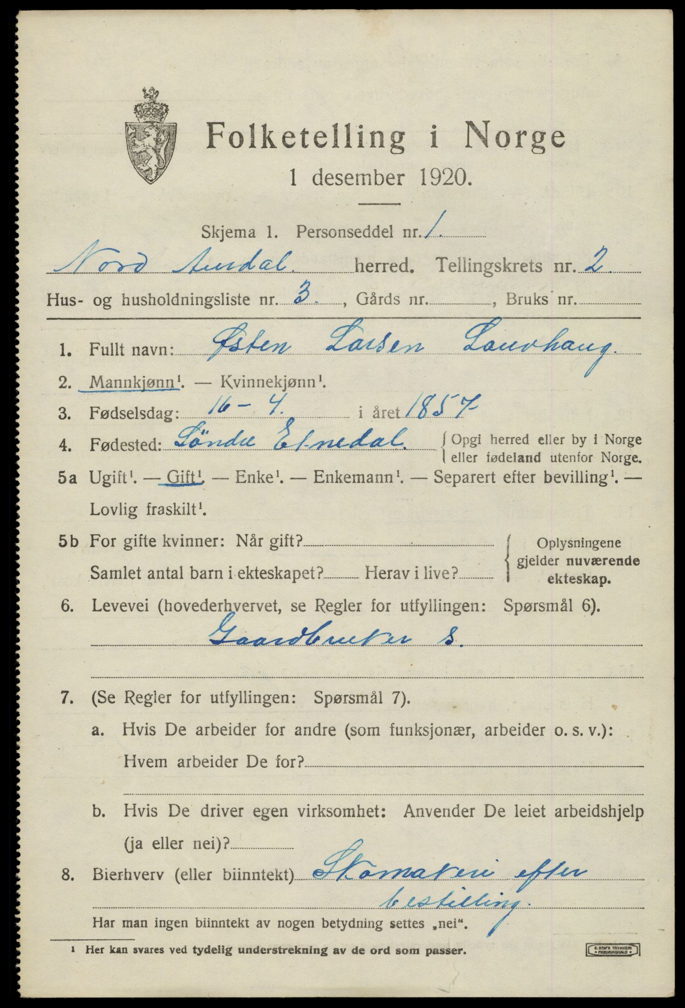 SAH, Folketelling 1920 for 0542 Nord-Aurdal herred, 1920, s. 3138