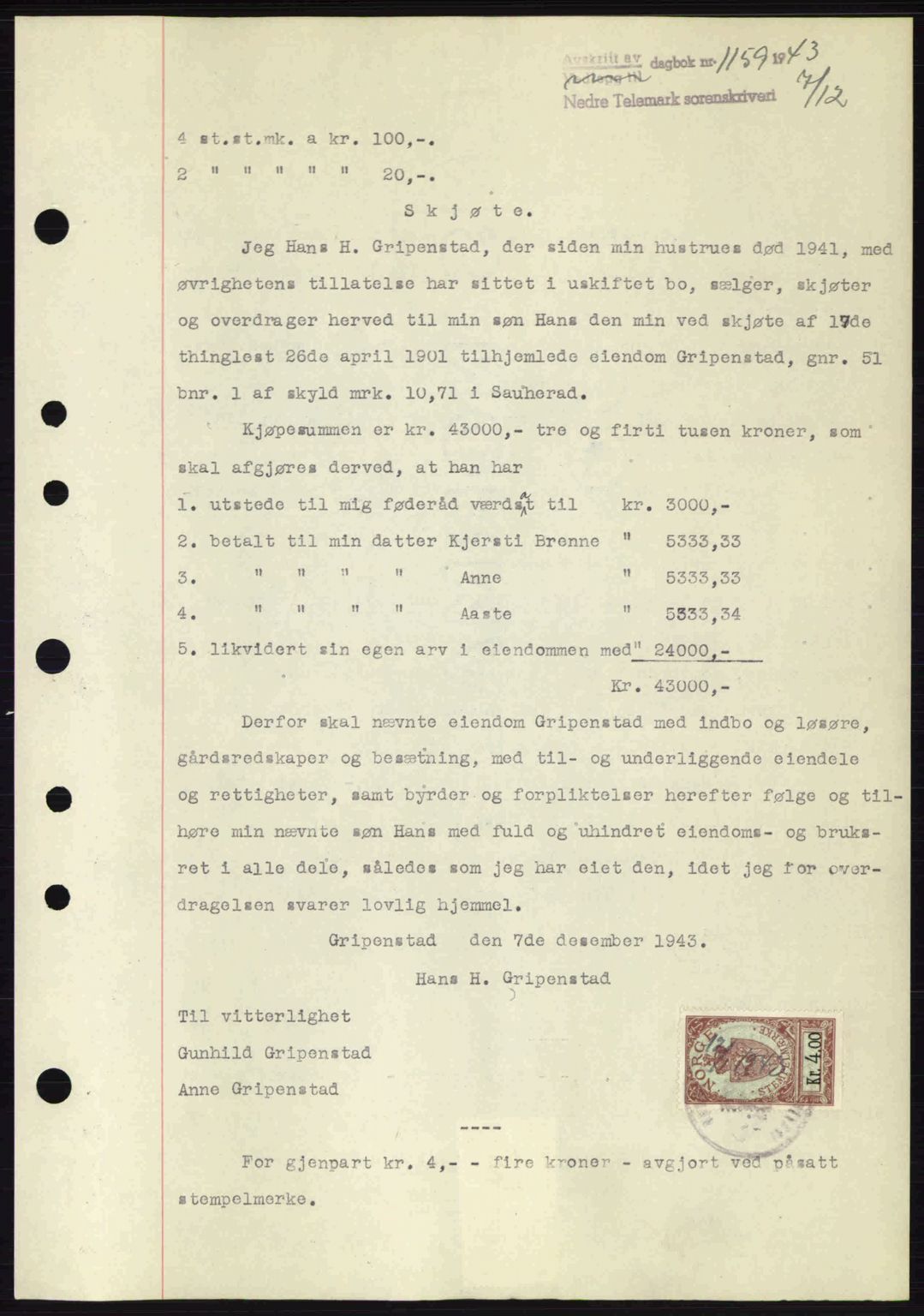 Nedre Telemark sorenskriveri, SAKO/A-135/G/Ga/Gaa/L0051: Pantebok nr. A-51, 1943-1944, Dagboknr: 1159/1943