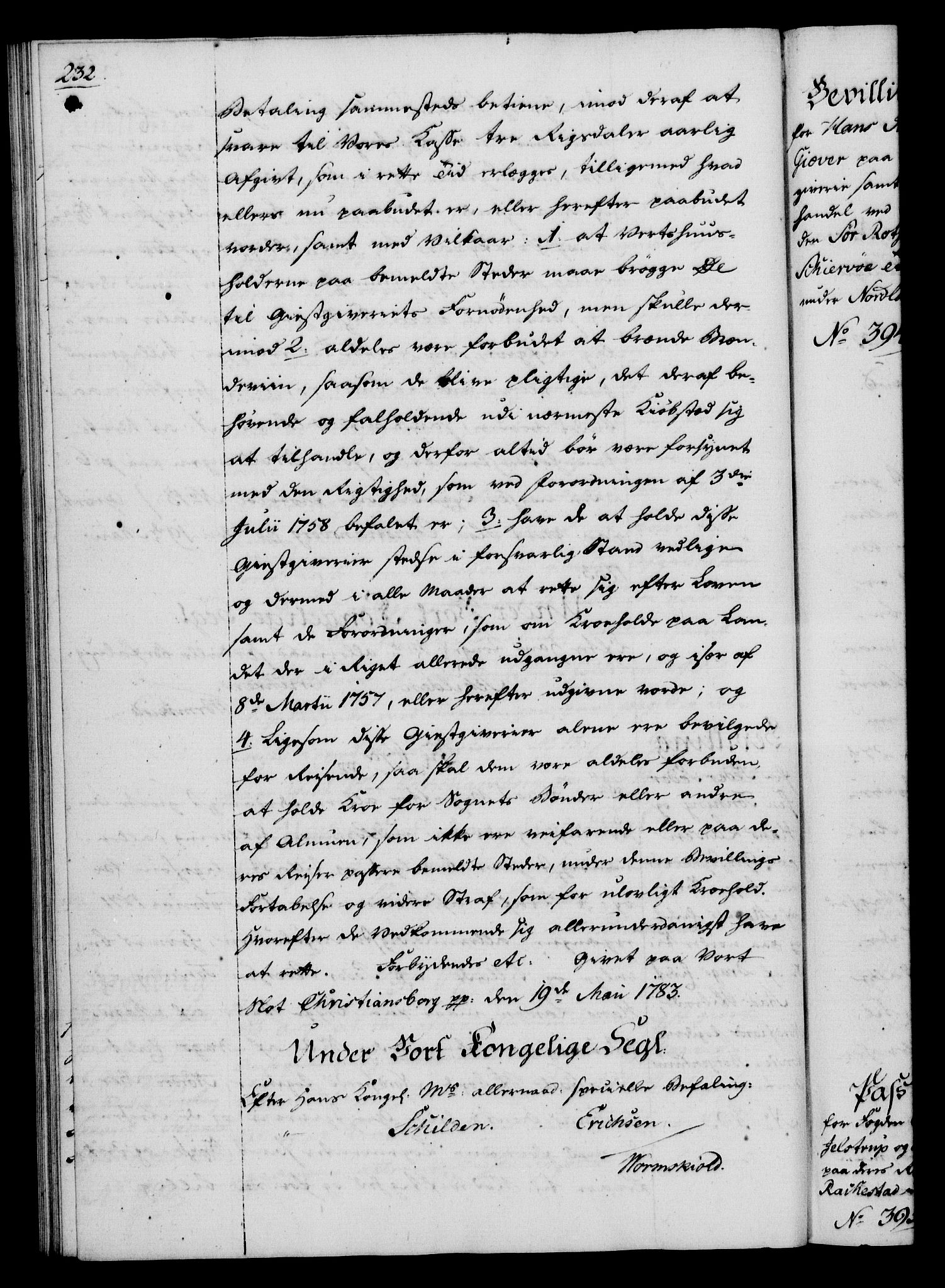 Rentekammeret, Kammerkanselliet, AV/RA-EA-3111/G/Gg/Gga/L0012: Norsk ekspedisjonsprotokoll med register (merket RK 53.12), 1781-1783, s. 232