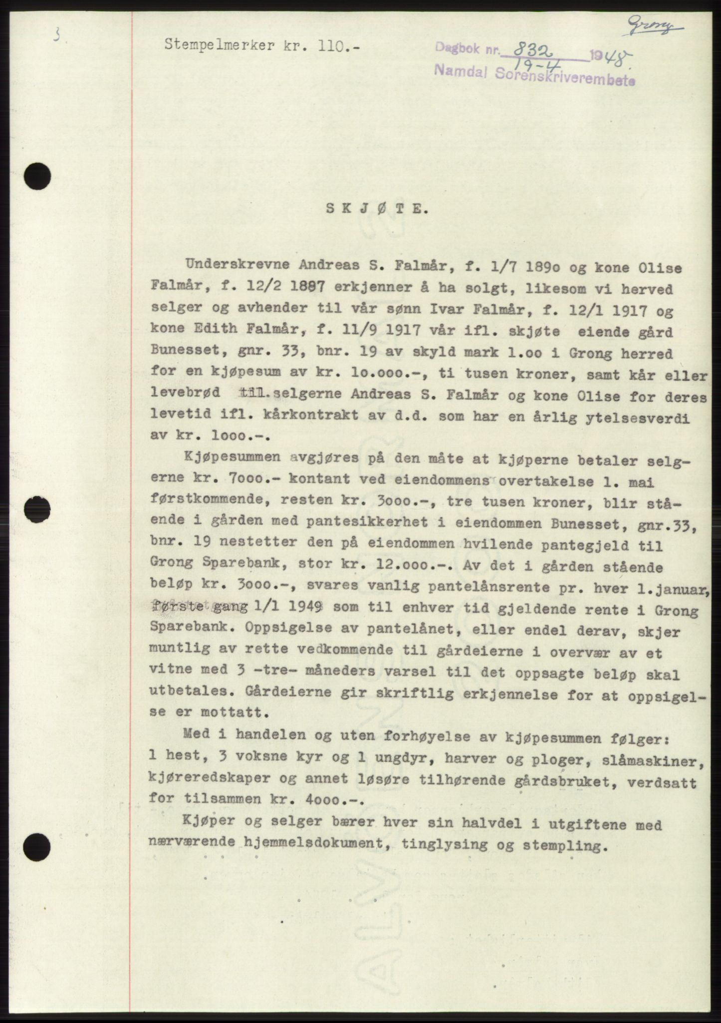 Namdal sorenskriveri, SAT/A-4133/1/2/2C: Pantebok nr. -, 1947-1948, Dagboknr: 832/1948