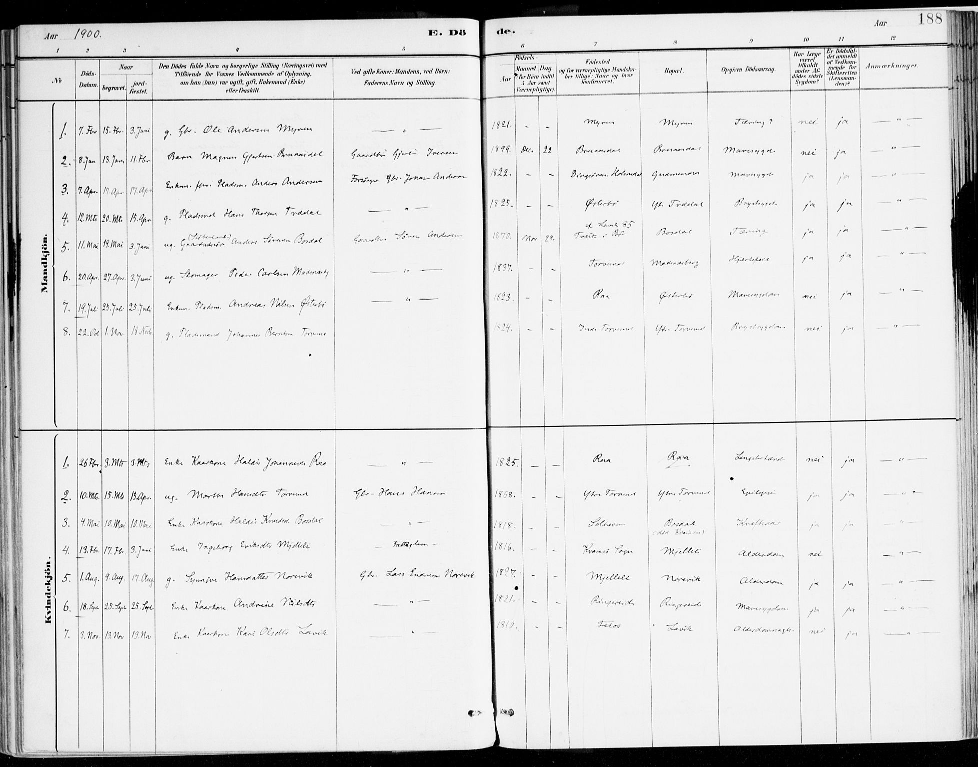 Lavik sokneprestembete, SAB/A-80901: Ministerialbok nr. B 1, 1882-1908, s. 188