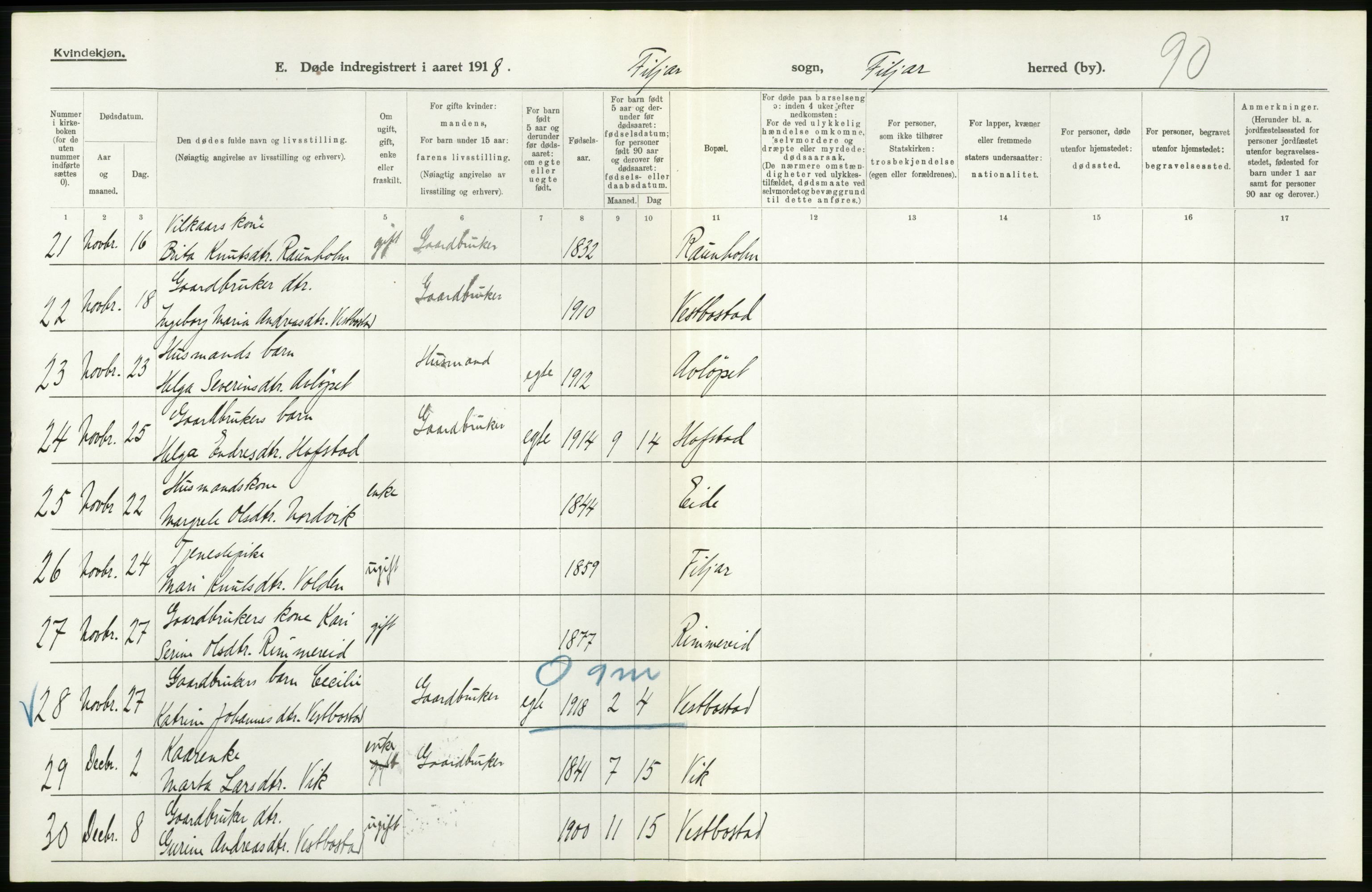 Statistisk sentralbyrå, Sosiodemografiske emner, Befolkning, AV/RA-S-2228/D/Df/Dfb/Dfbh/L0036: Hordaland fylke: Døde., 1918, s. 424