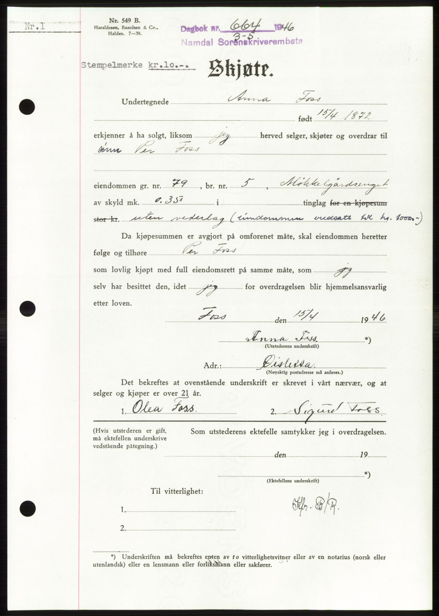 Namdal sorenskriveri, SAT/A-4133/1/2/2C: Pantebok nr. -, 1946-1946, Dagboknr: 664/1946