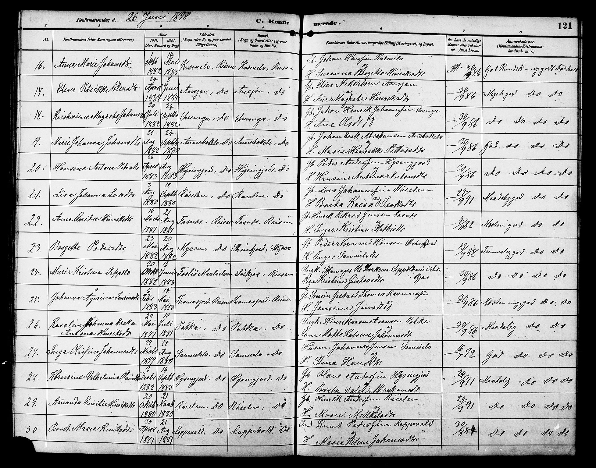 Skjervøy sokneprestkontor, AV/SATØ-S-1300/H/Ha/Hab/L0021klokker: Klokkerbok nr. 21, 1893-1910, s. 121