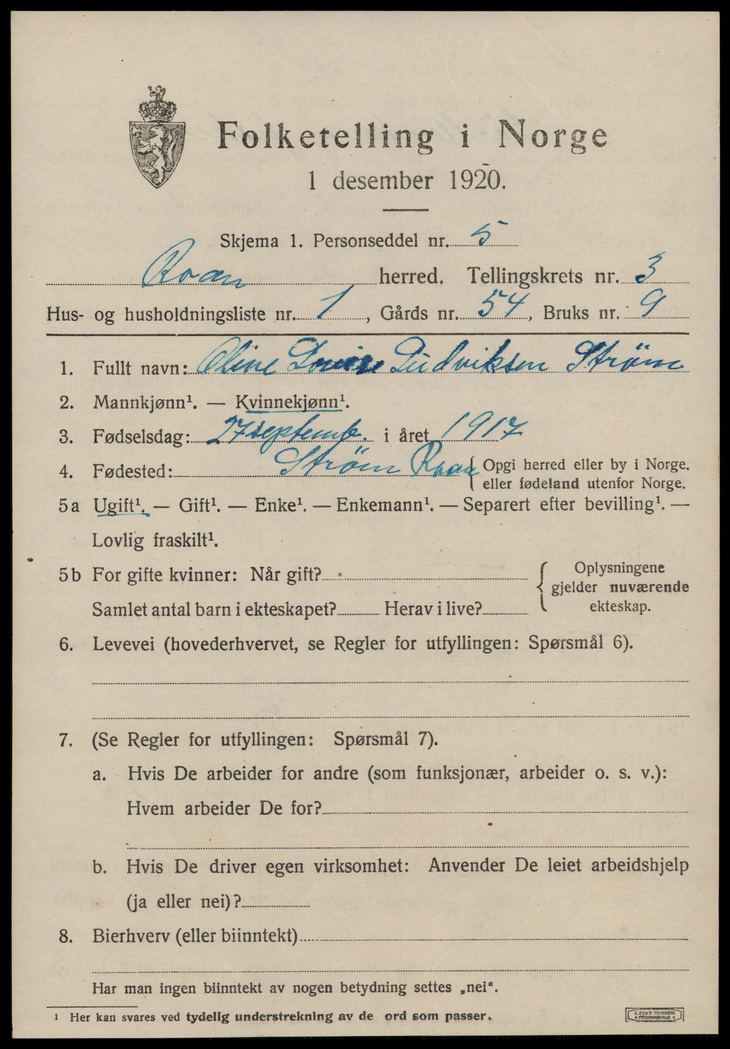 SAT, Folketelling 1920 for 1632 Roan herred, 1920, s. 2261
