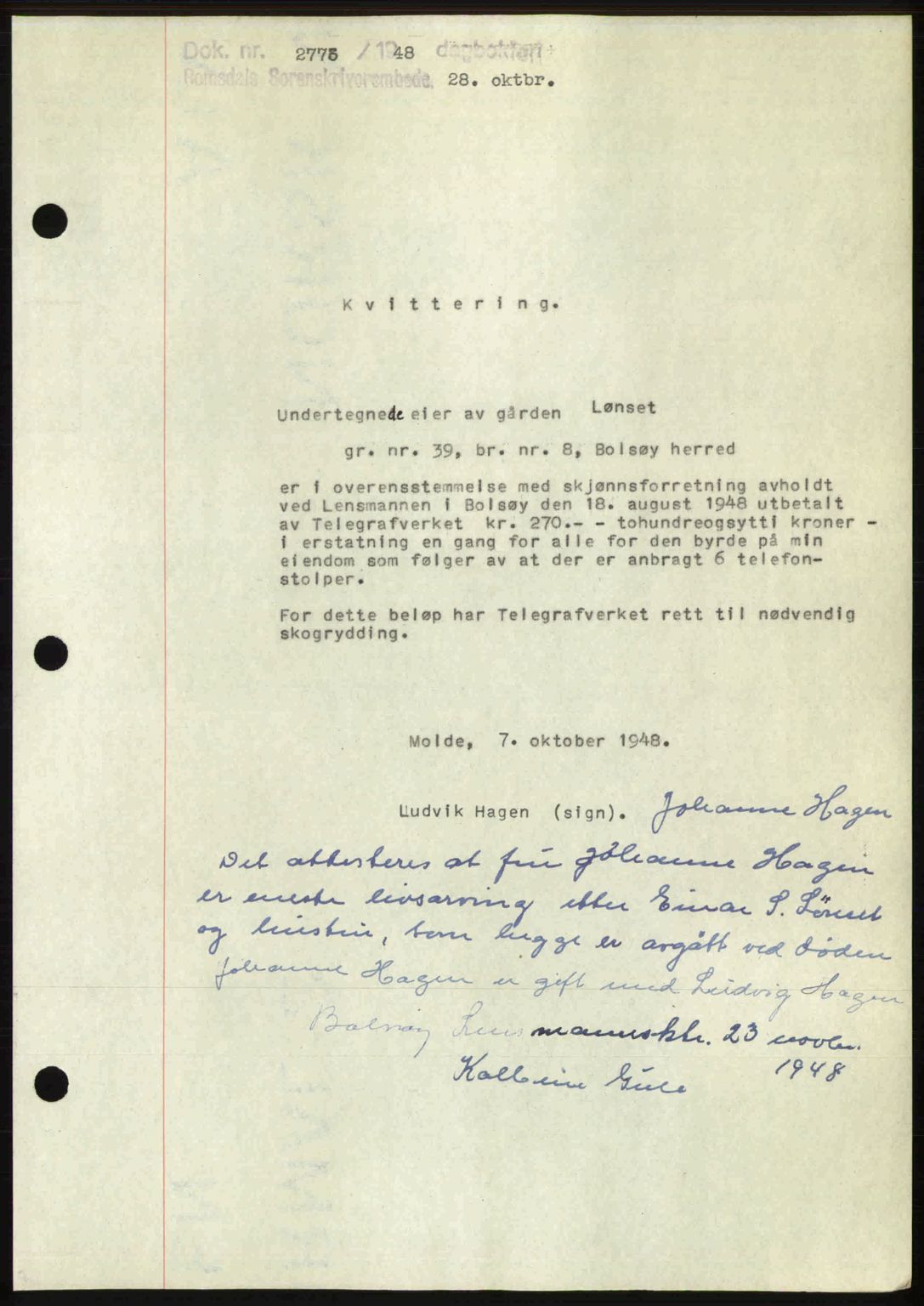 Romsdal sorenskriveri, SAT/A-4149/1/2/2C: Pantebok nr. A27, 1948-1948, Dagboknr: 2773/1948
