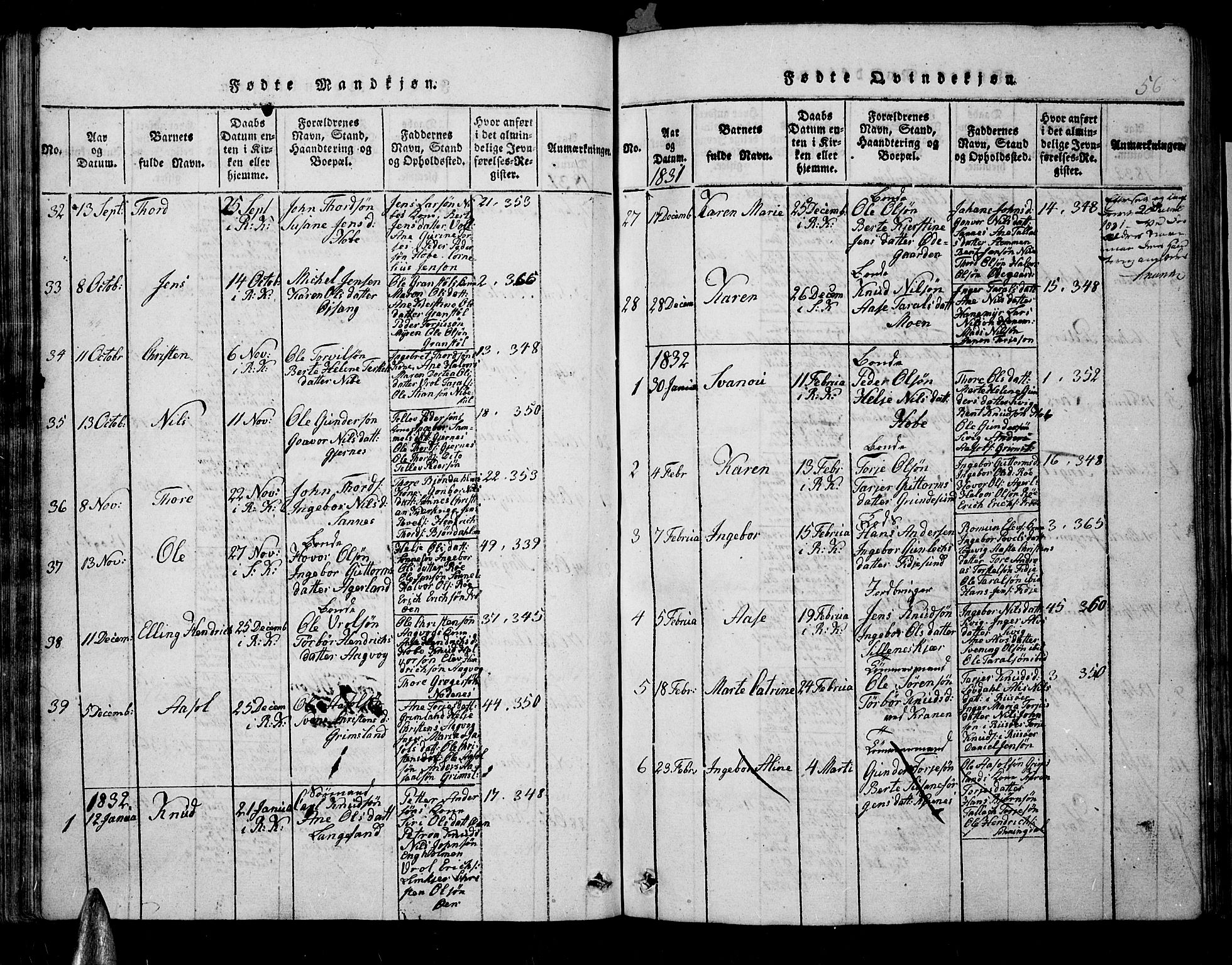Søndeled sokneprestkontor, SAK/1111-0038/F/Fb/L0002: Klokkerbok nr. B 2, 1816-1839, s. 56