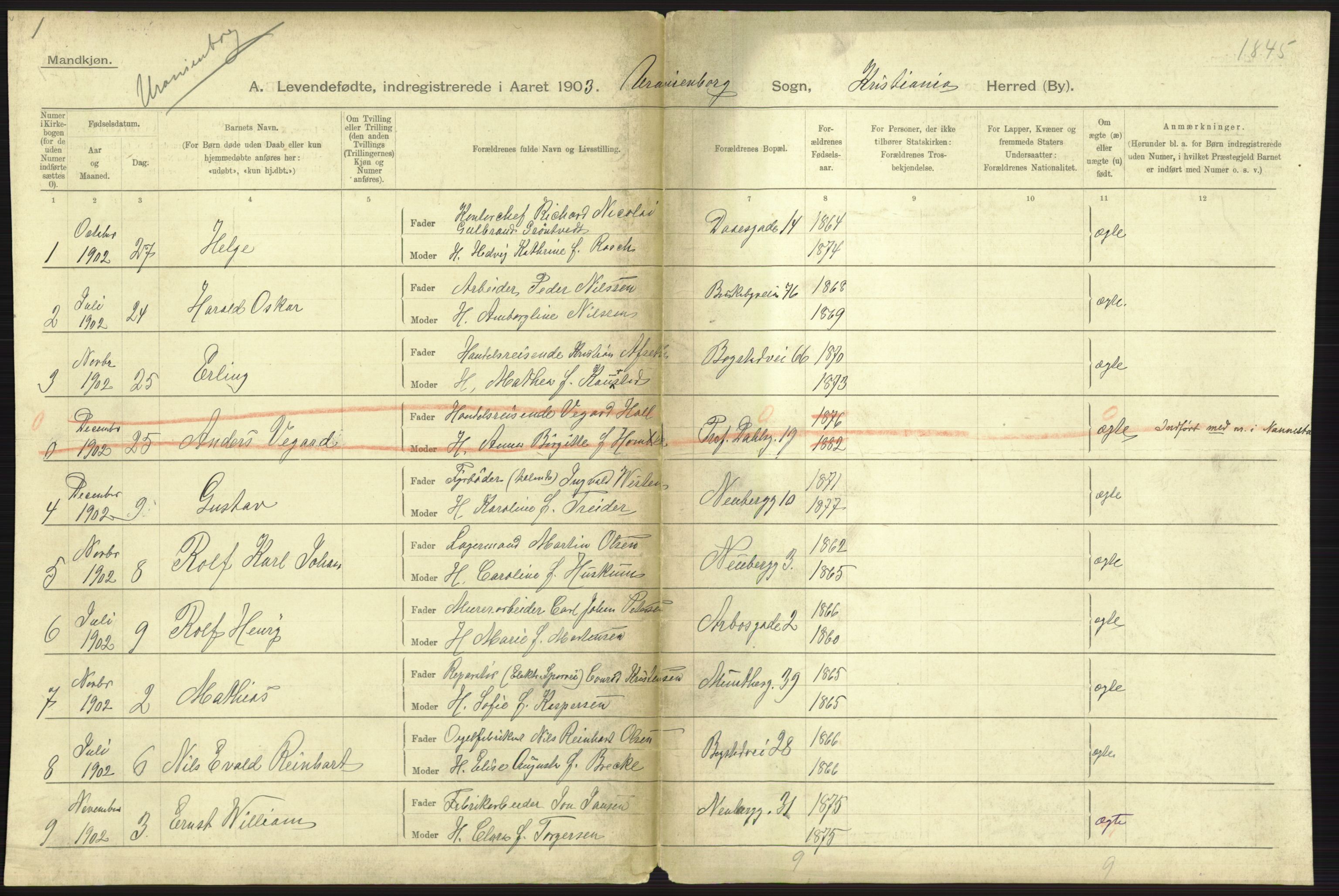 Statistisk sentralbyrå, Sosiodemografiske emner, Befolkning, AV/RA-S-2228/D/Df/Dfa/Dfaa/L0003: Kristiania: Fødte, 1903, s. 501