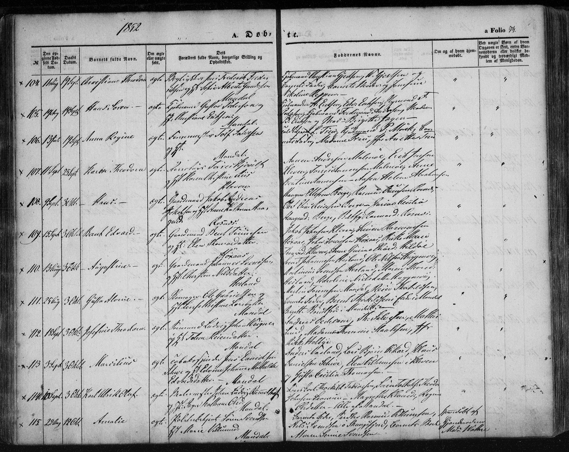 Mandal sokneprestkontor, AV/SAK-1111-0030/F/Fa/Faa/L0013: Ministerialbok nr. A 13, 1847-1859, s. 74