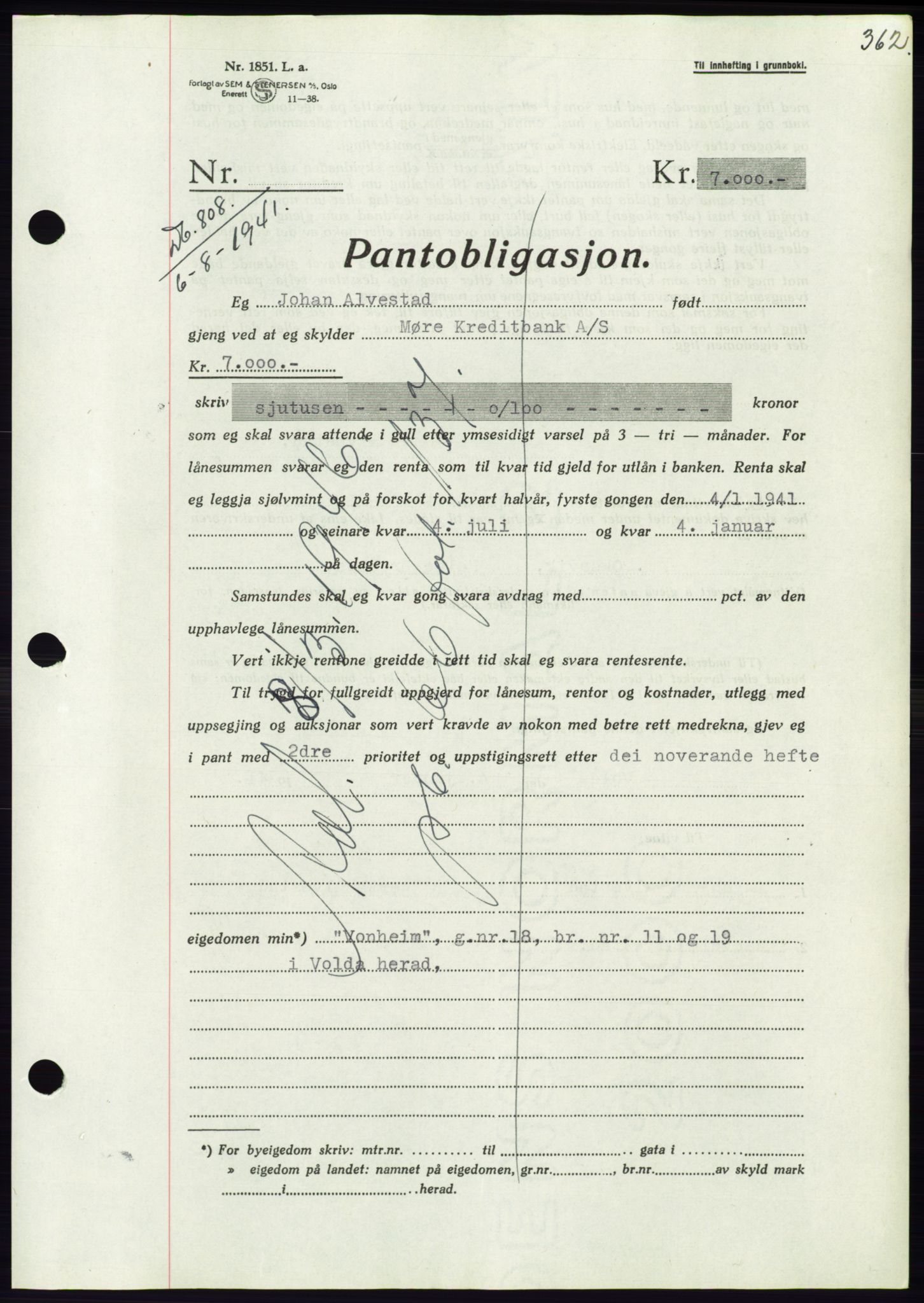 Søre Sunnmøre sorenskriveri, AV/SAT-A-4122/1/2/2C/L0071: Pantebok nr. 65, 1941-1941, Dagboknr: 808/1941