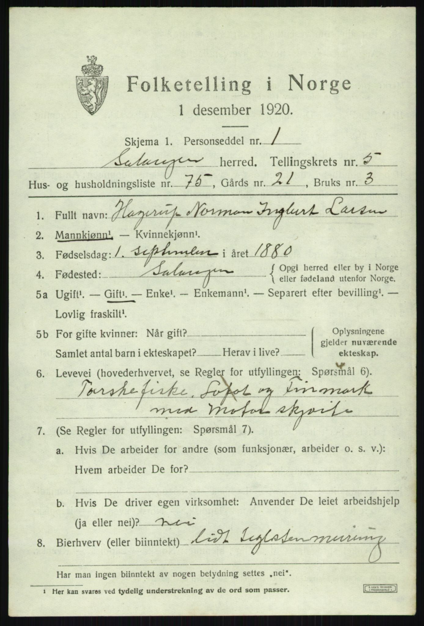 SATØ, Folketelling 1920 for 1921 Salangen herred, 1920, s. 4256