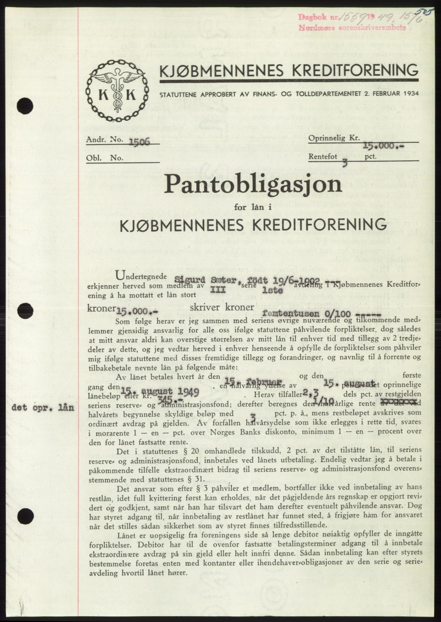 Nordmøre sorenskriveri, SAT/A-4132/1/2/2Ca: Pantebok nr. B101, 1949-1949, Dagboknr: 1559/1949