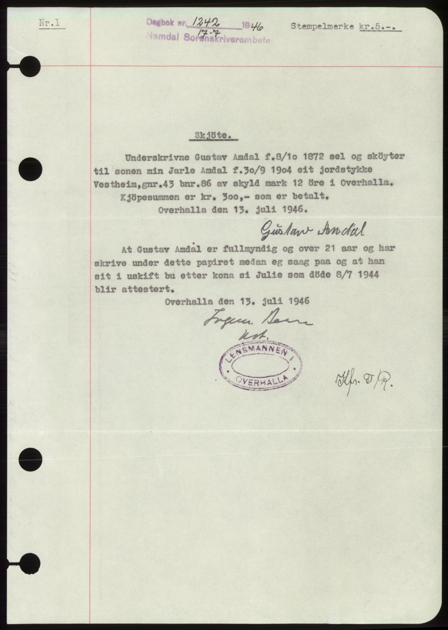 Namdal sorenskriveri, SAT/A-4133/1/2/2C: Pantebok nr. -, 1946-1946, Dagboknr: 1242/1946