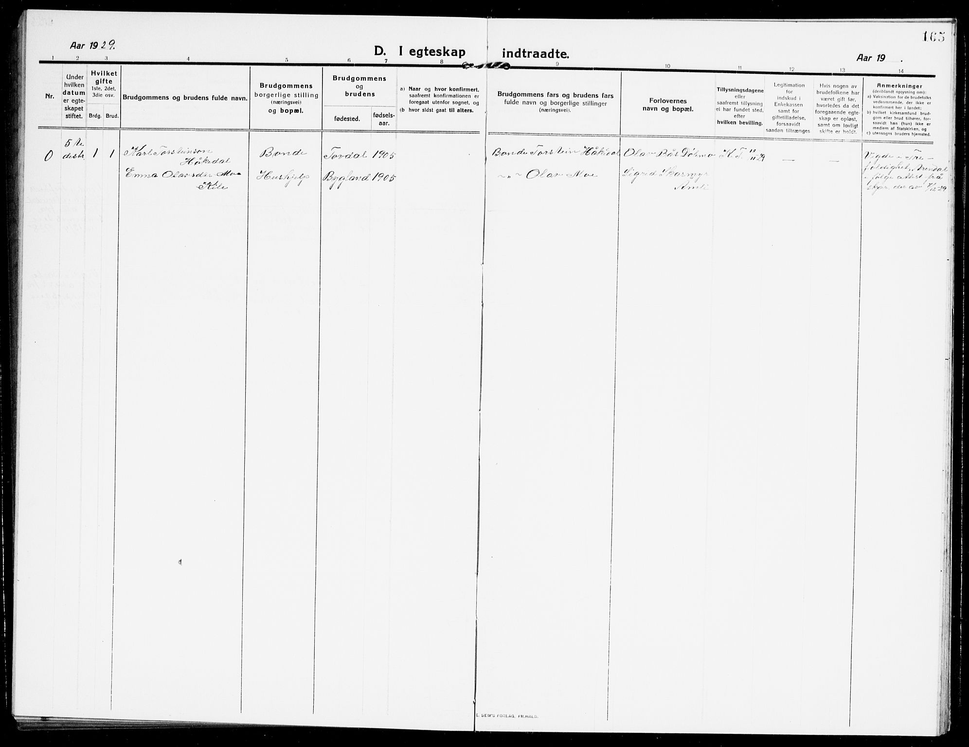 Åmli sokneprestkontor, SAK/1111-0050/F/Fb/Fbb/L0003: Klokkerbok nr. B 3, 1906-1941, s. 165