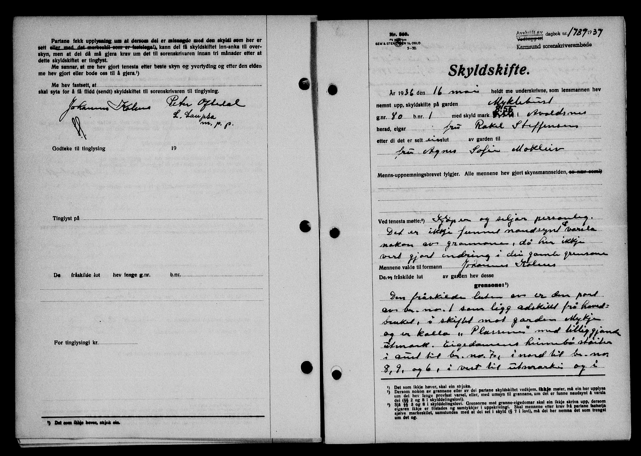 Karmsund sorenskriveri, SAST/A-100311/01/II/IIB/L0068: Pantebok nr. 49A, 1937-1937, Dagboknr: 1789/1937