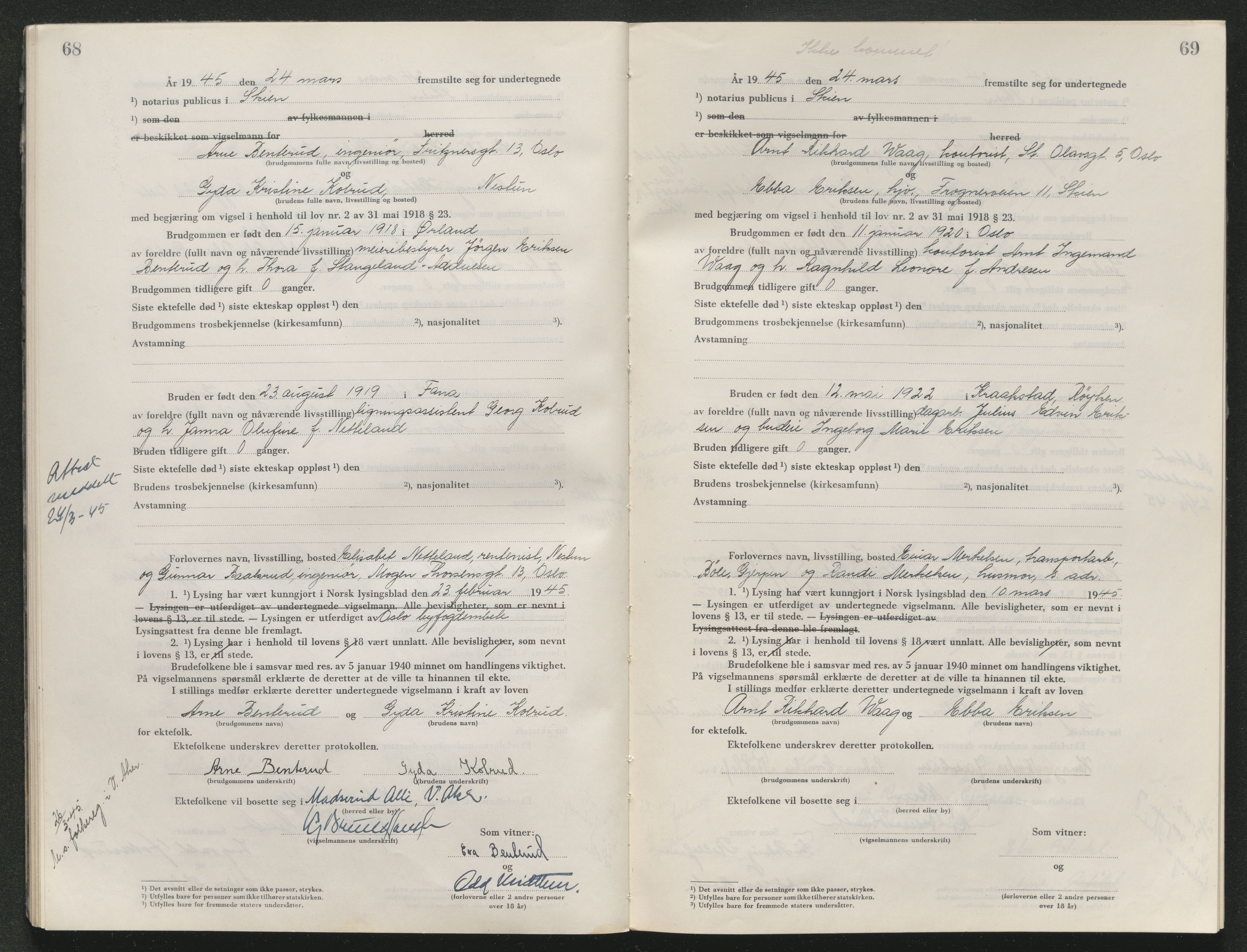 Skien sorenskriveri, AV/SAKO-A-225/L/La/L0001: Vigselsprotokoll, 1920-1947, s. 68-69
