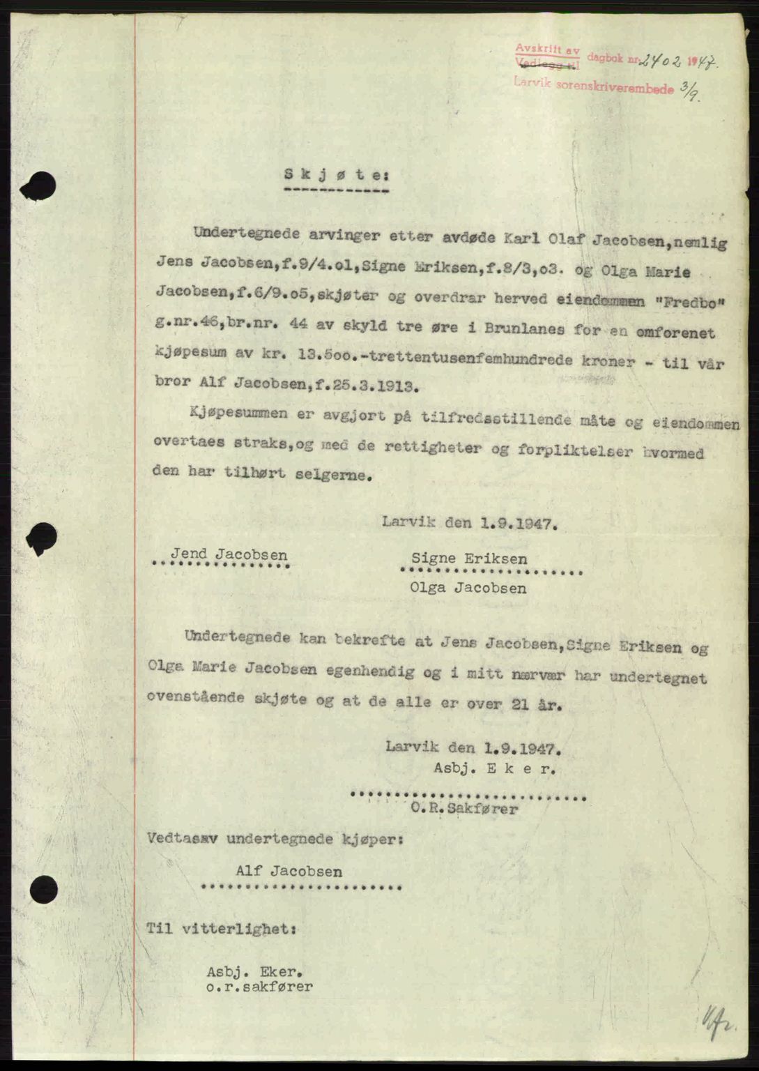 Larvik sorenskriveri, SAKO/A-83/G/Ga/Gab/L0085: Pantebok nr. A-19, 1947-1948, Dagboknr: 2402/1947
