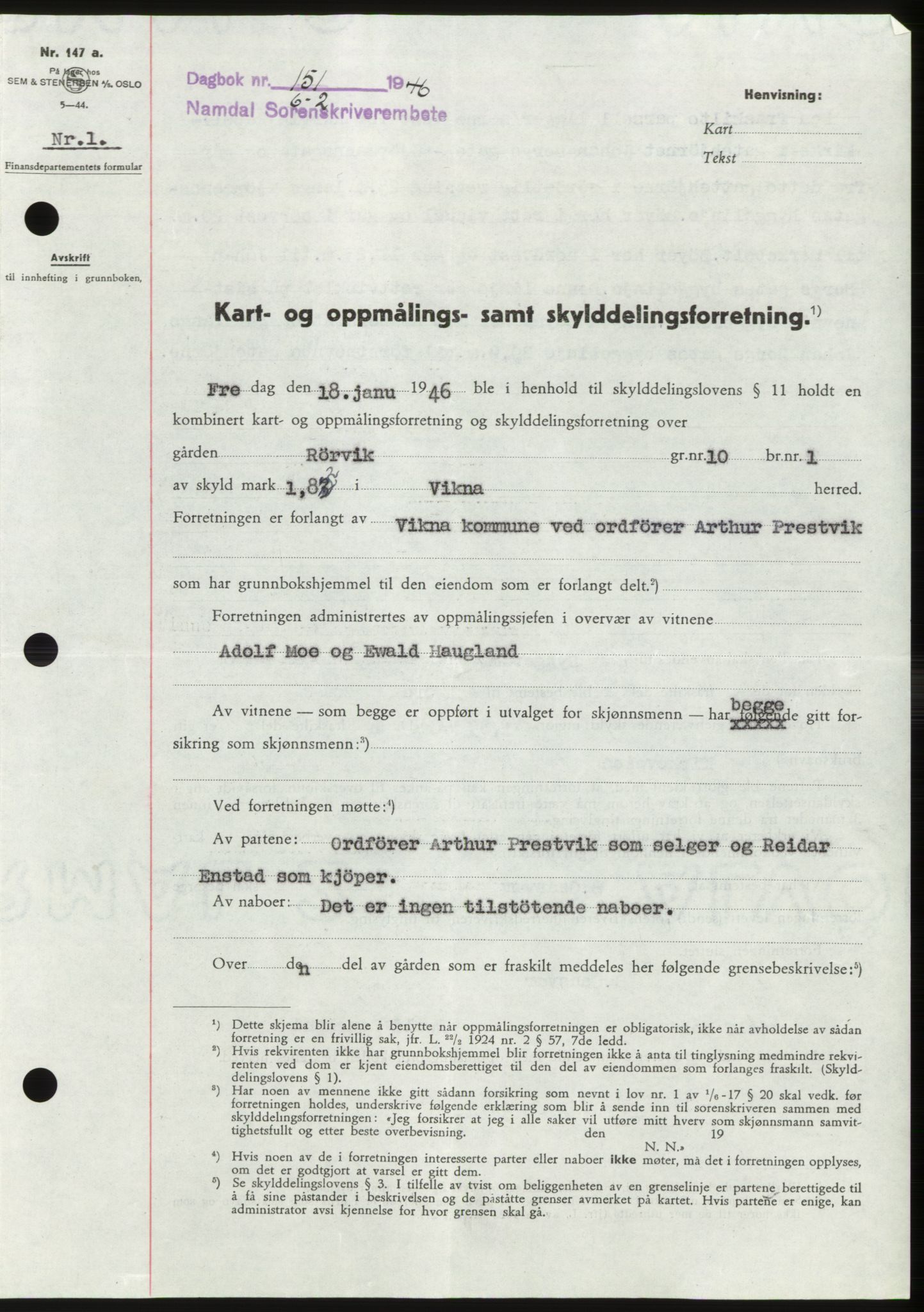 Namdal sorenskriveri, SAT/A-4133/1/2/2C: Pantebok nr. -, 1946-1946, Dagboknr: 151/1946