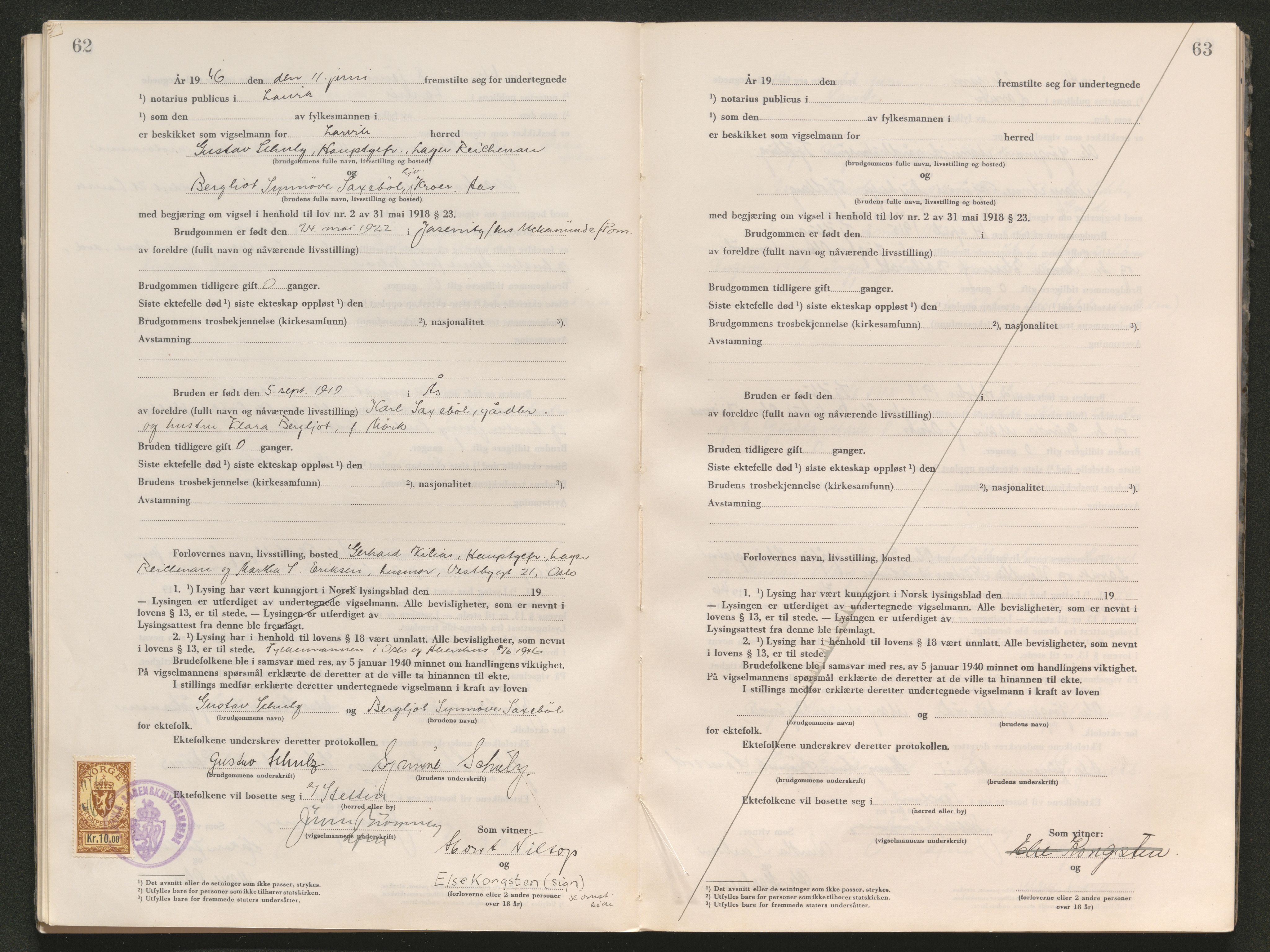 Larvik sorenskriveri, AV/SAKO-A-83/L/Lb/L0005: Vigselsprotokoll, 1945-1949, s. 62-63