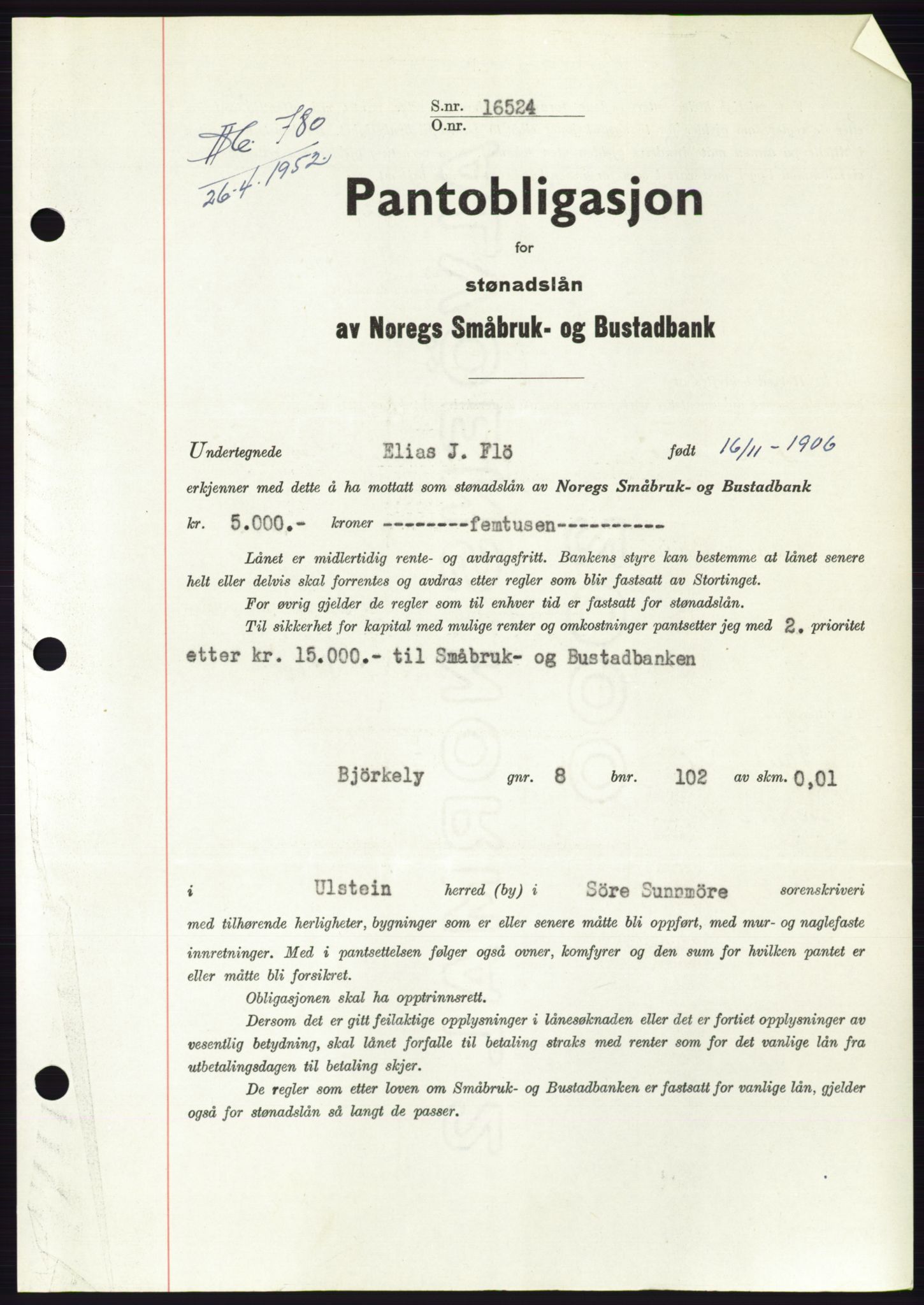 Søre Sunnmøre sorenskriveri, AV/SAT-A-4122/1/2/2C/L0121: Pantebok nr. 9B, 1951-1952, Dagboknr: 780/1952