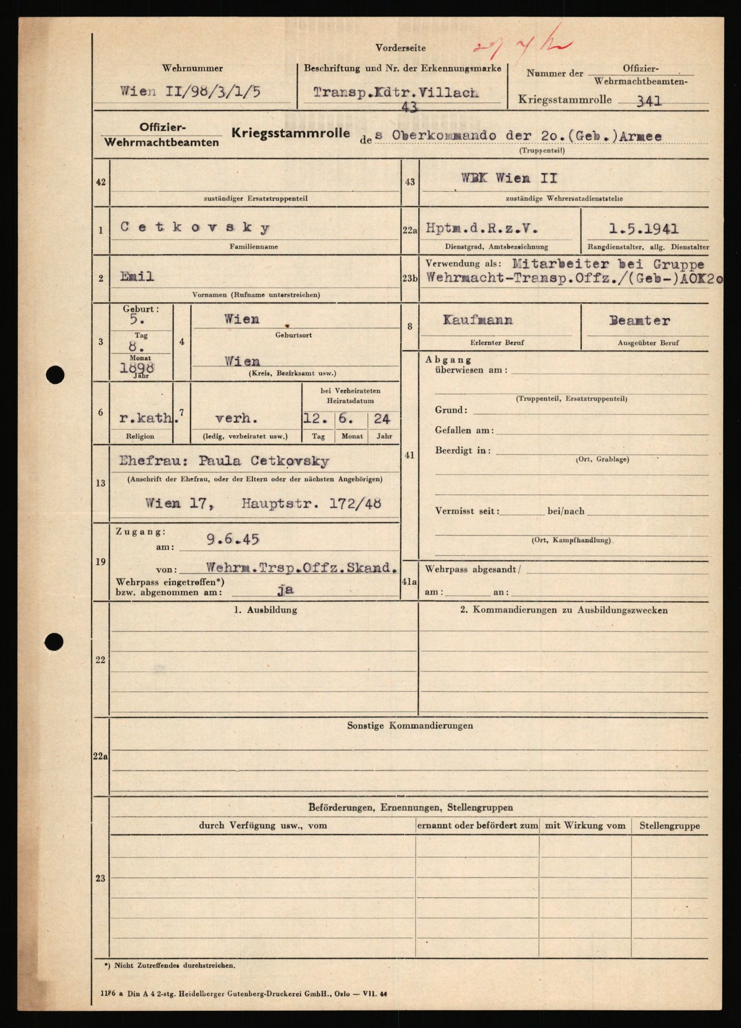 Forsvarets Overkommando. 2 kontor. Arkiv 11.4. Spredte tyske arkivsaker, AV/RA-RAFA-7031/D/Dar/Dara/L0018: Personalbøker, 1940-1945, s. 308