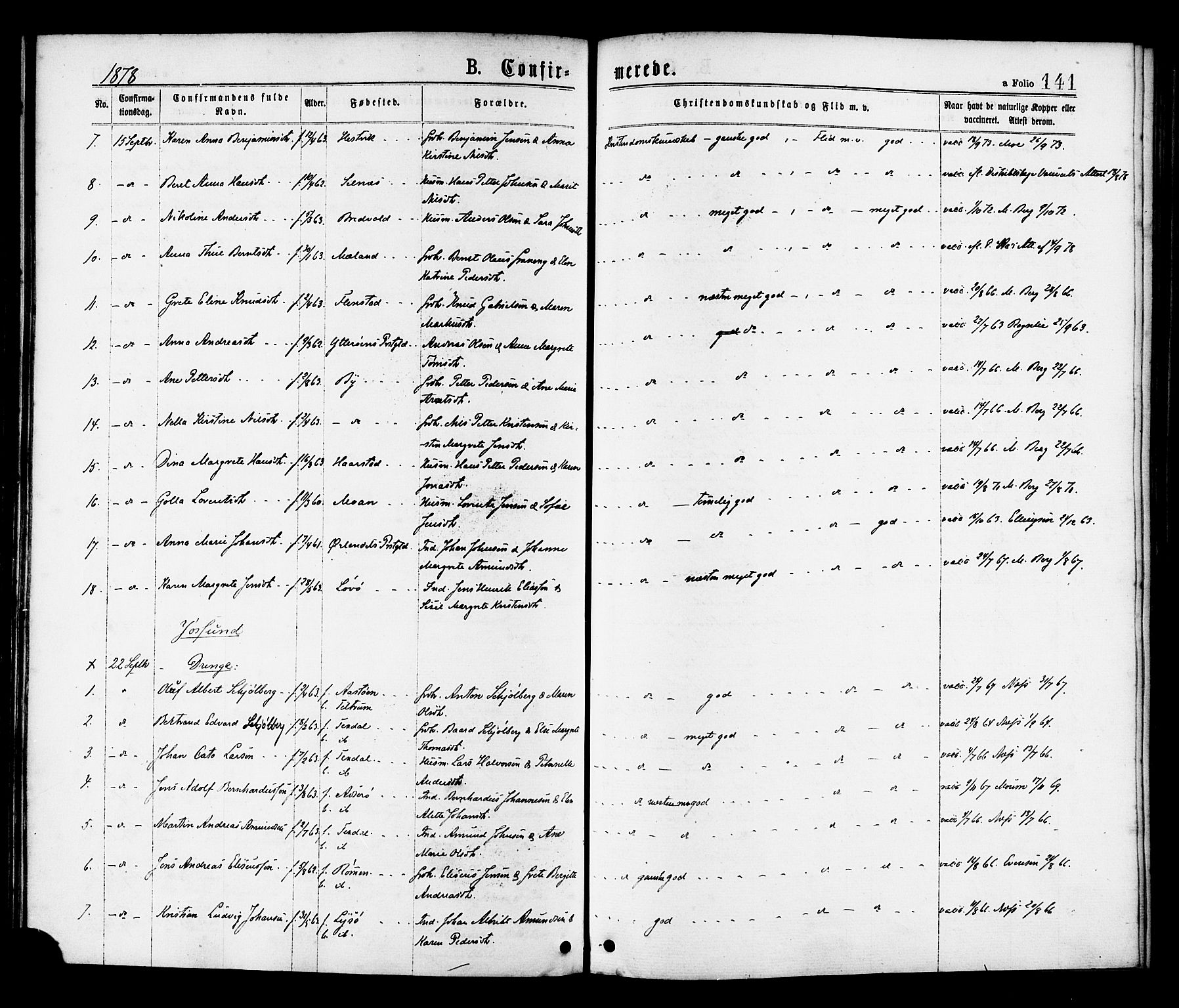Ministerialprotokoller, klokkerbøker og fødselsregistre - Sør-Trøndelag, SAT/A-1456/655/L0679: Ministerialbok nr. 655A08, 1873-1879, s. 141