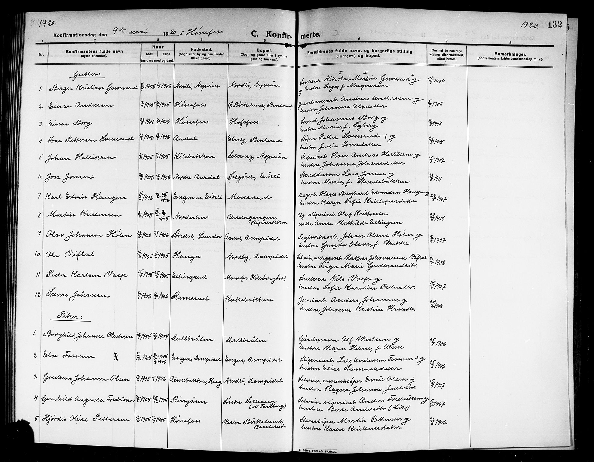 Norderhov kirkebøker, AV/SAKO-A-237/G/Ga/L0009: Klokkerbok nr. I 9, 1913-1920, s. 132