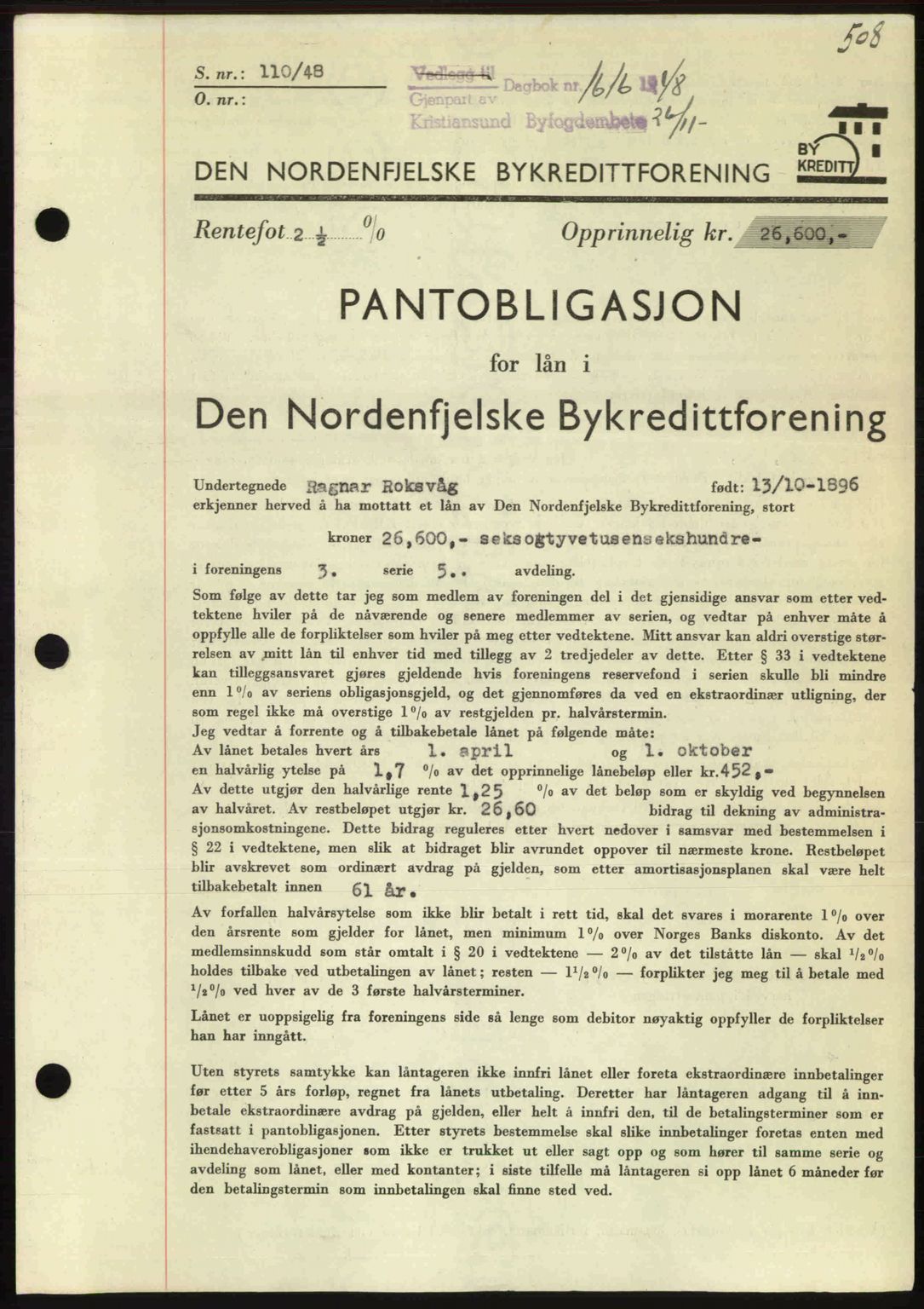 Kristiansund byfogd, SAT/A-4587/A/27: Pantebok nr. 44, 1947-1948, Dagboknr: 1616/1948