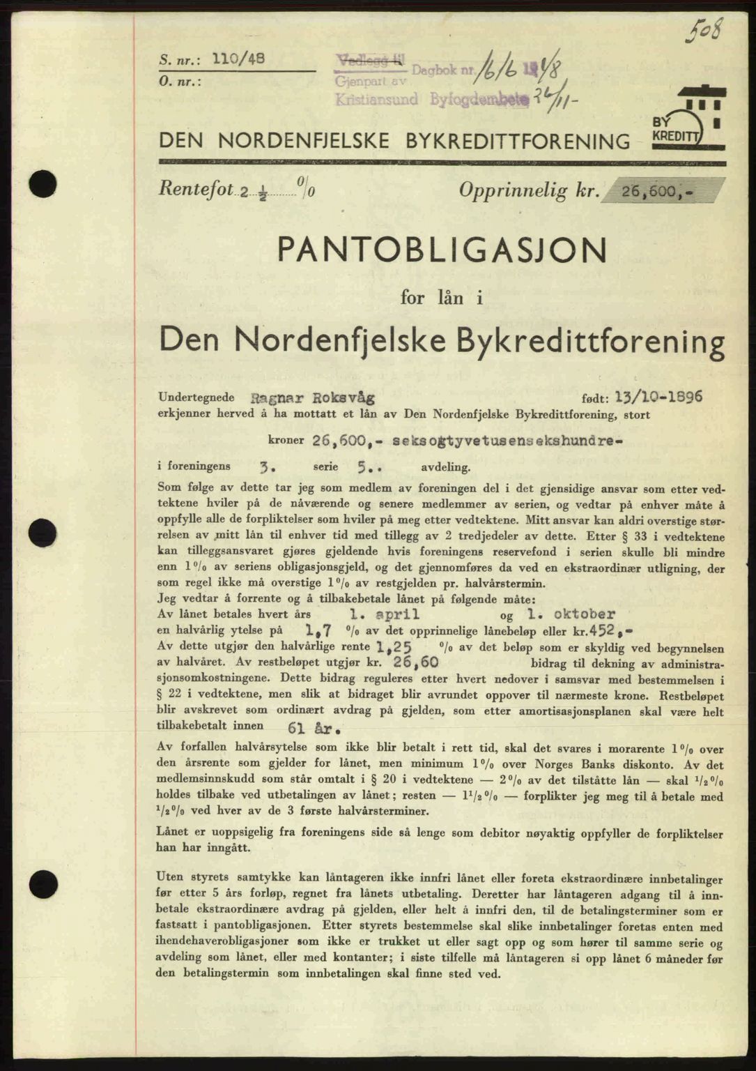 Kristiansund byfogd, AV/SAT-A-4587/A/27: Pantebok nr. 44, 1947-1948, Dagboknr: 1616/1948