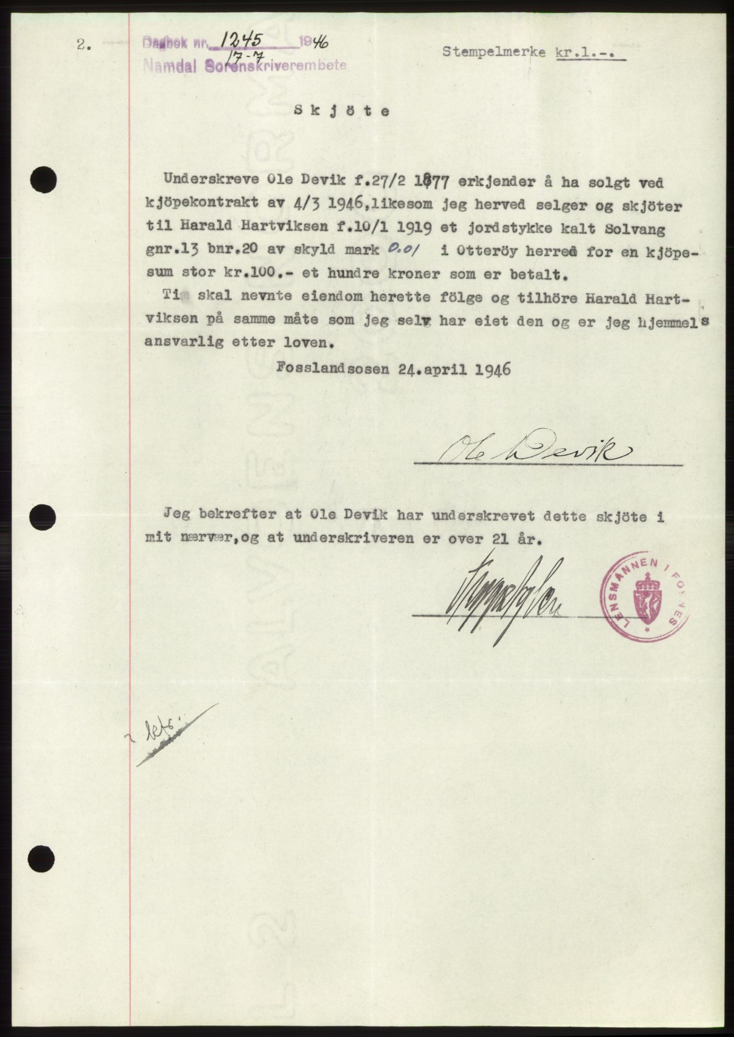Namdal sorenskriveri, SAT/A-4133/1/2/2C: Pantebok nr. -, 1946-1946, Dagboknr: 1245/1946