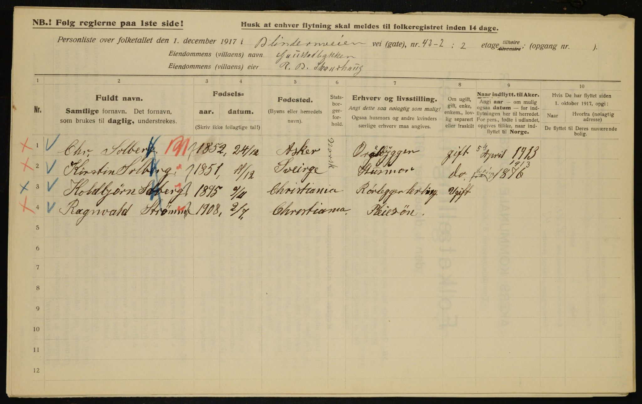 OBA, Kommunal folketelling 1.12.1917 for Aker, 1917, s. 10399