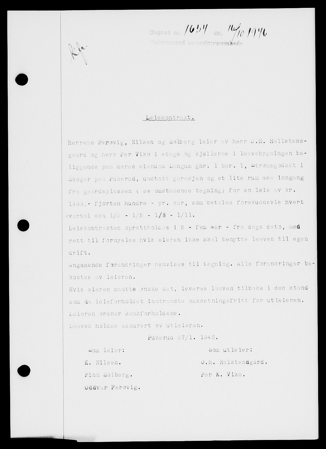 Holmestrand sorenskriveri, SAKO/A-67/G/Ga/Gaa/L0061: Pantebok nr. A-61, 1946-1947, Dagboknr: 1654/1946