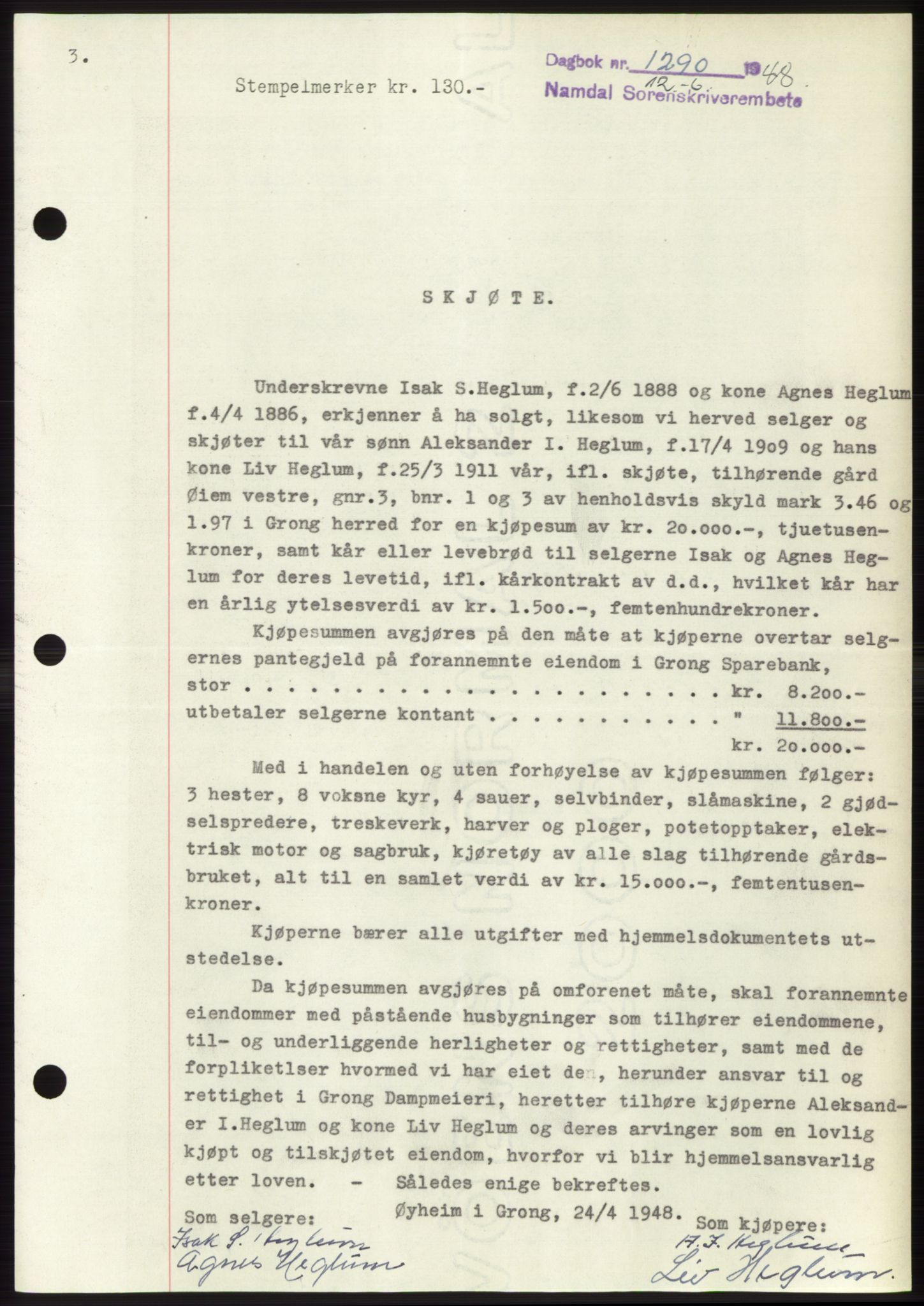 Namdal sorenskriveri, SAT/A-4133/1/2/2C: Pantebok nr. -, 1948-1948, Dagboknr: 1290/1948