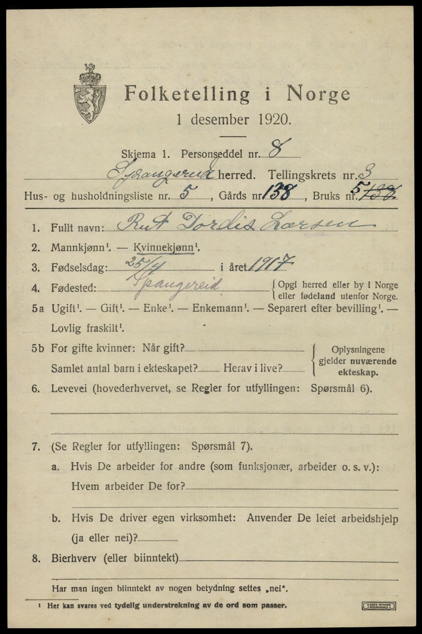 SAK, Folketelling 1920 for 1030 Spangereid herred, 1920, s. 1491