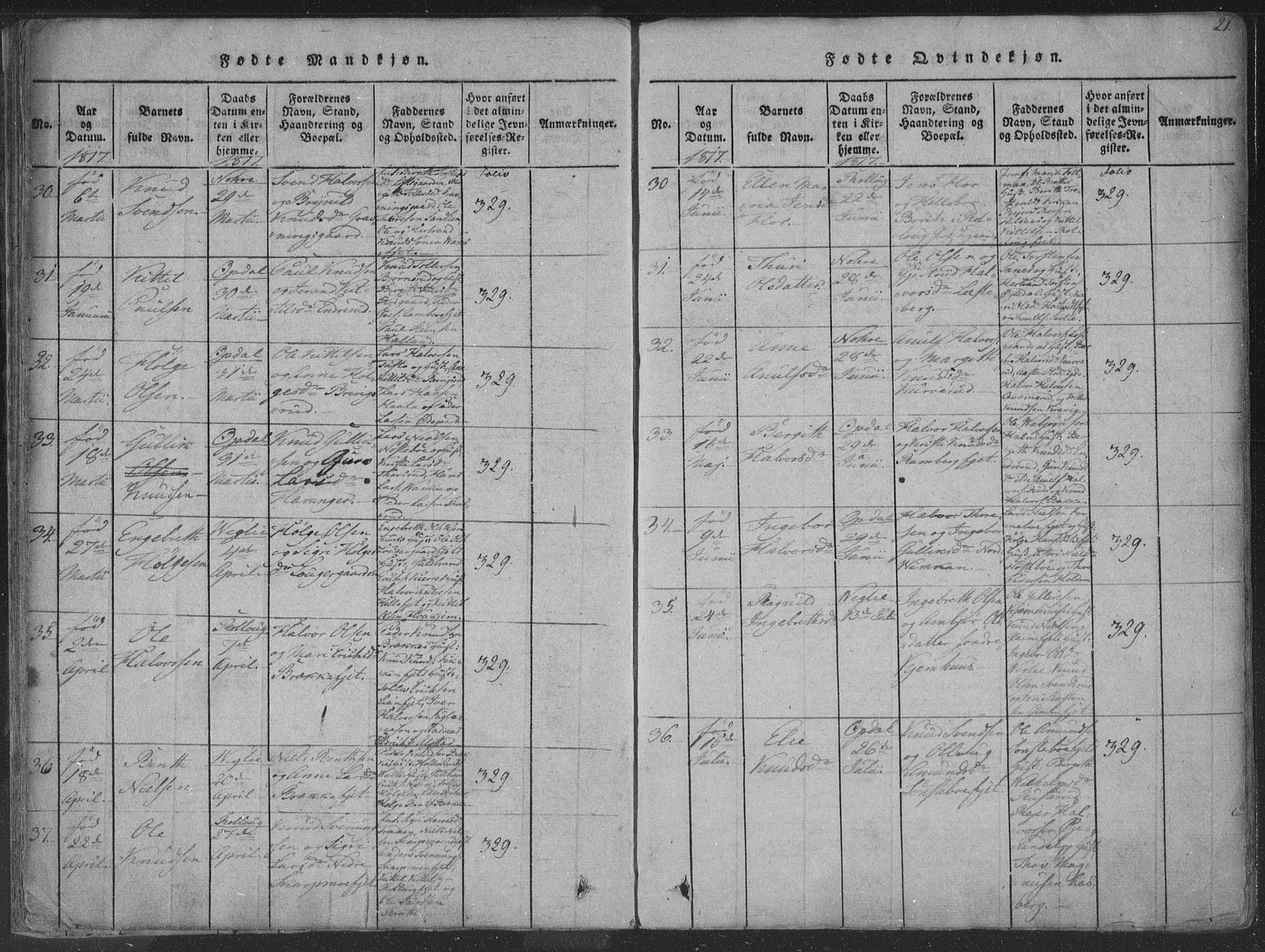 Rollag kirkebøker, AV/SAKO-A-240/F/Fa/L0006: Ministerialbok nr. I 6, 1814-1828, s. 21