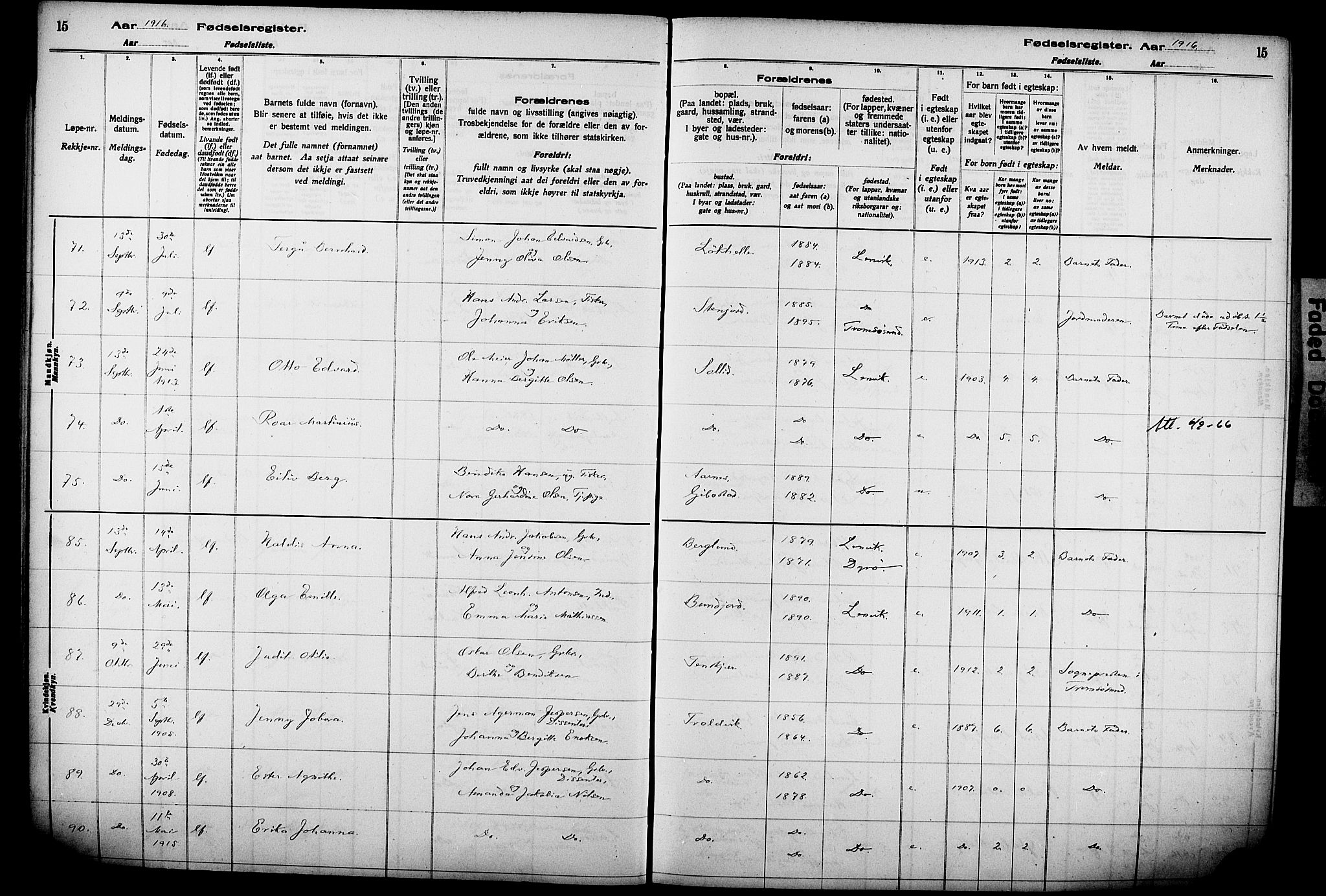 Lenvik sokneprestembete, AV/SATØ-S-1310/I/Ic/L0089: Fødselsregister nr. 89, 1916-1926, s. 15