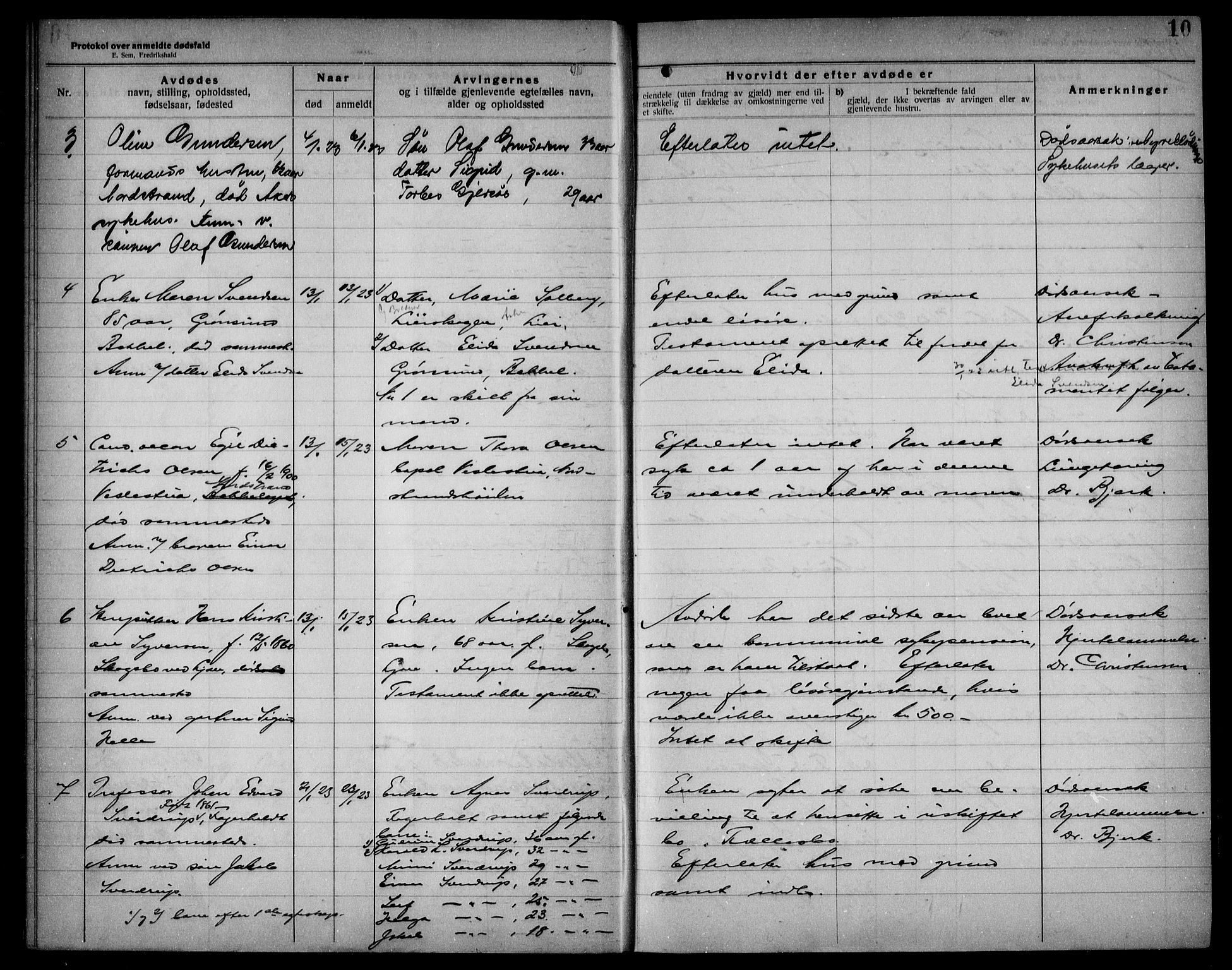 Aker kriminaldommer, skifte- og auksjonsforvalterembete, SAO/A-10452/H/Hb/Hba/Hbad/L0001: Dødsfallsprotokoll for Nordstrand, 1922-1929, s. 10