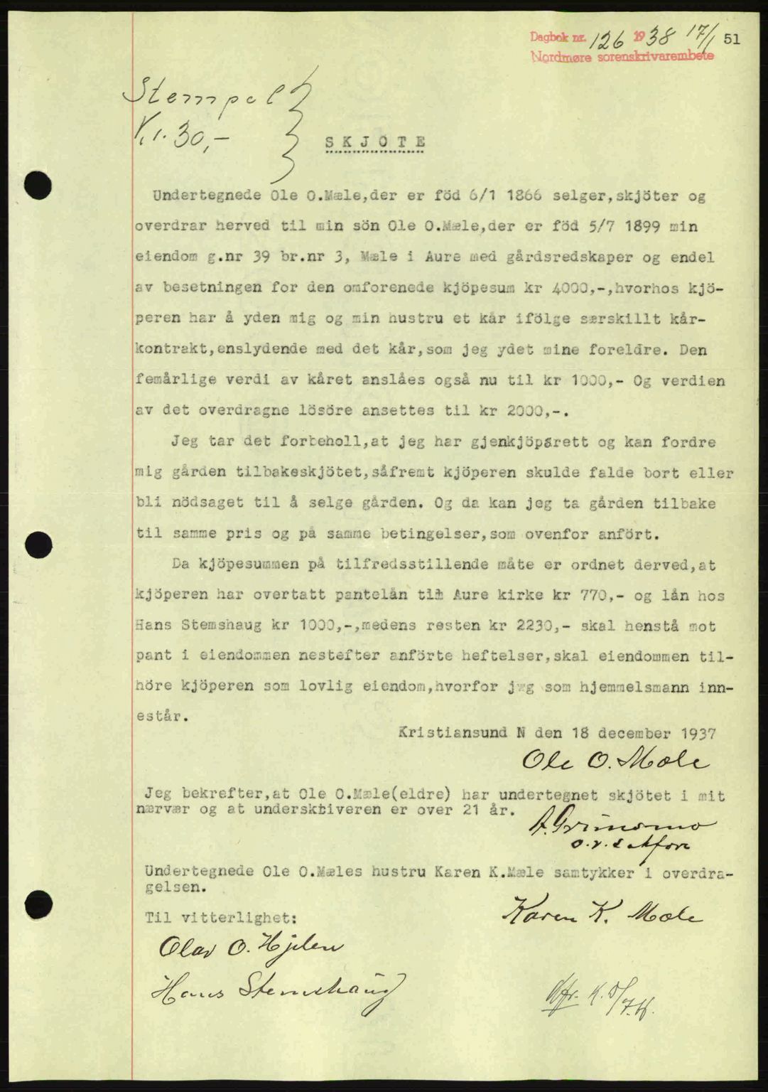 Nordmøre sorenskriveri, SAT/A-4132/1/2/2Ca: Pantebok nr. A83, 1938-1938, Dagboknr: 126/1938
