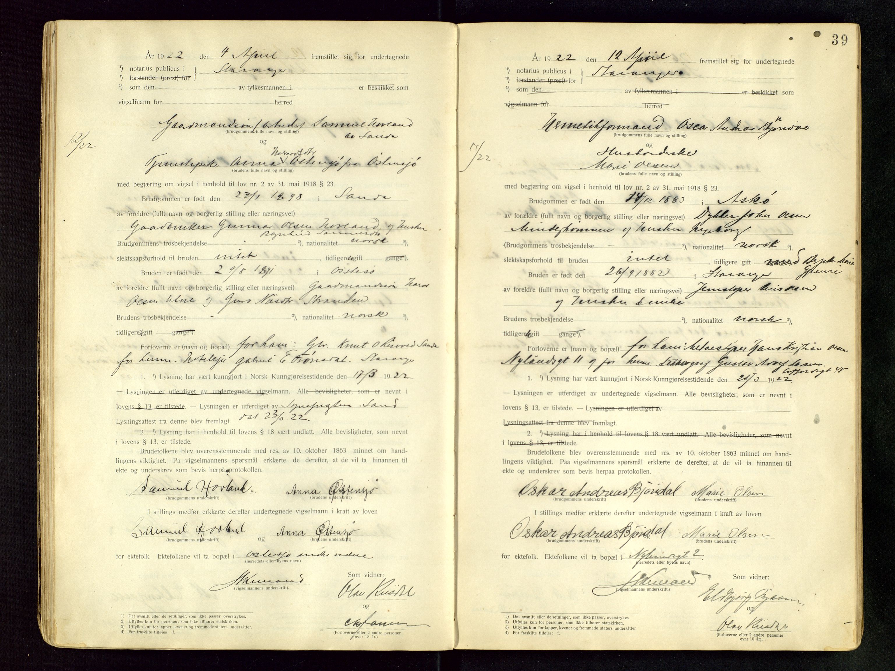 Stavanger byfogd, AV/SAST-A-101408/001/6/62/62BB/L0001: Vigselsprotokoll, 1920-1926, s. 39