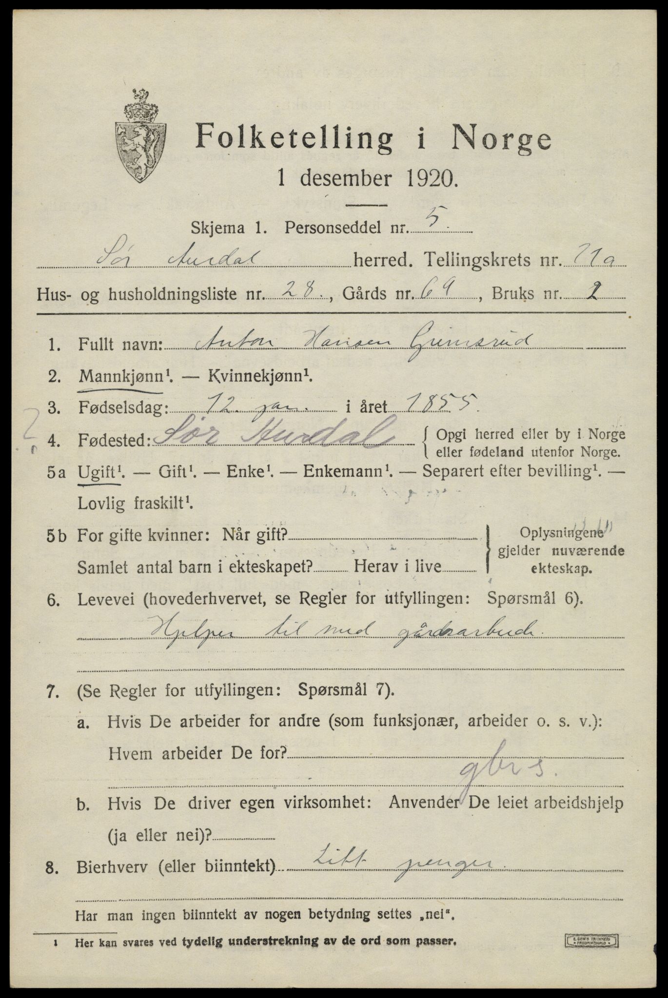 SAH, Folketelling 1920 for 0540 Sør-Aurdal herred, 1920, s. 6665