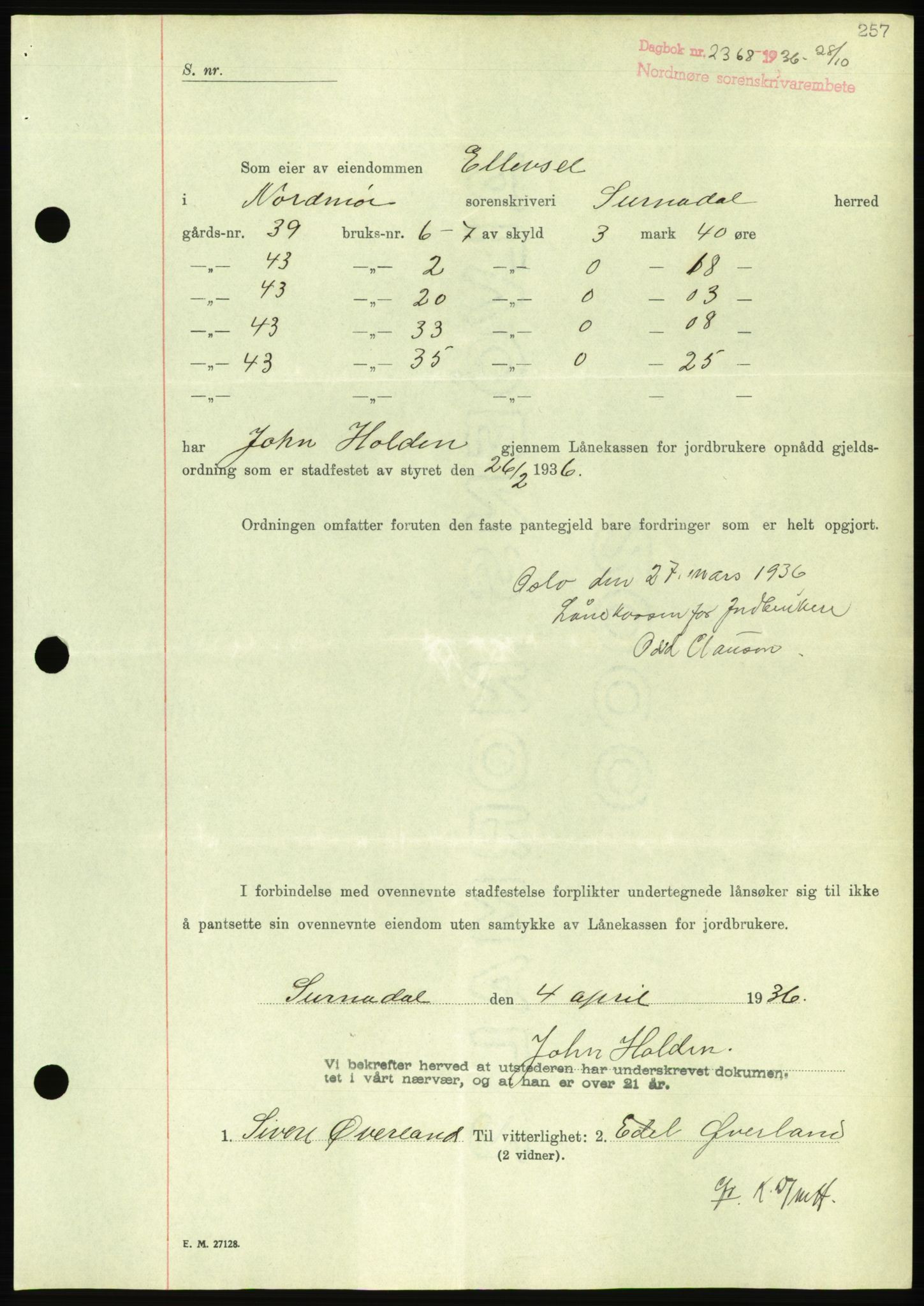 Nordmøre sorenskriveri, AV/SAT-A-4132/1/2/2Ca/L0090: Pantebok nr. B80, 1936-1937, Dagboknr: 2368/1936