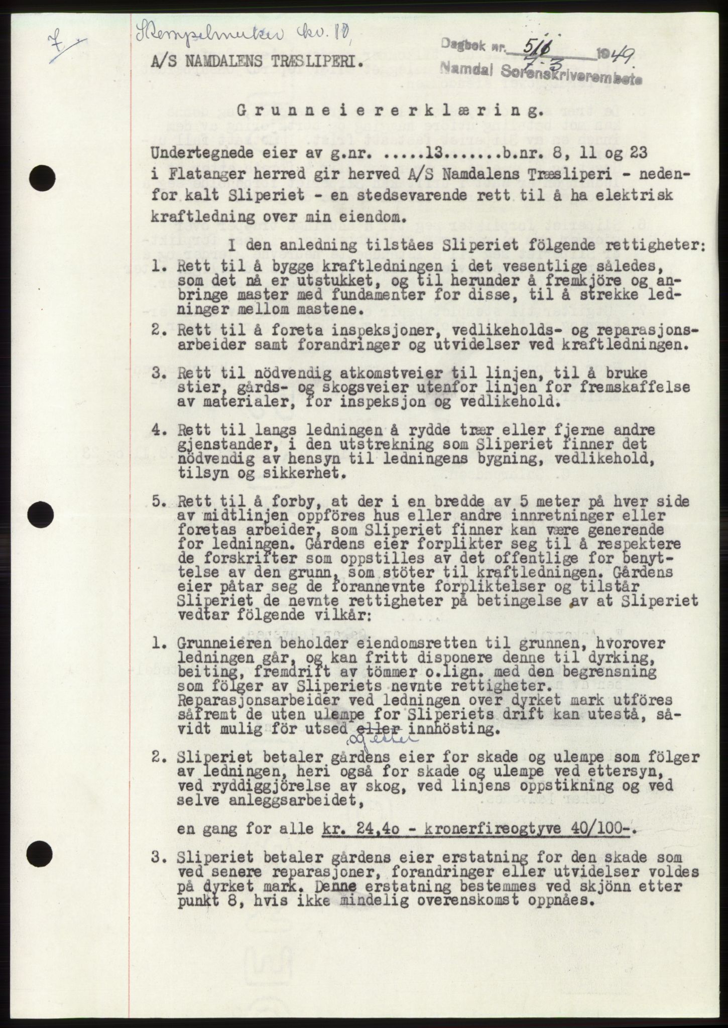 Namdal sorenskriveri, SAT/A-4133/1/2/2C: Pantebok nr. -, 1949-1949, Dagboknr: 511/1949