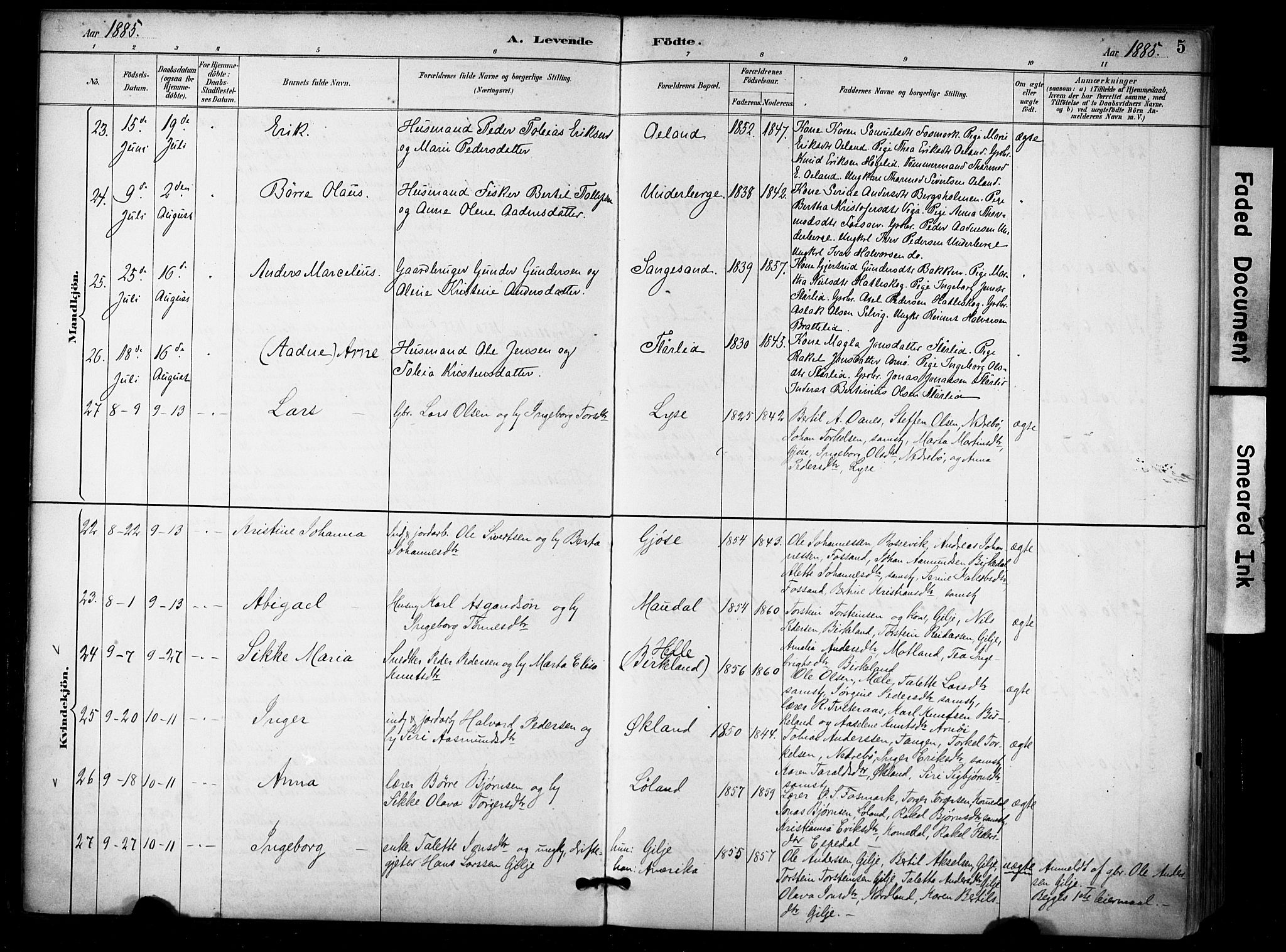 Høgsfjord sokneprestkontor, AV/SAST-A-101624/H/Ha/Haa/L0006: Ministerialbok nr. A 6, 1885-1897, s. 5